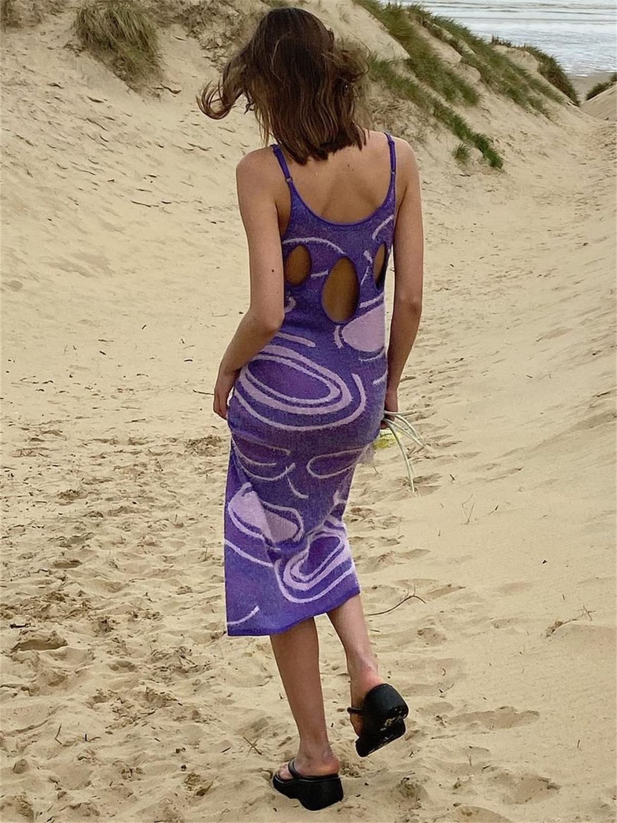 Y2K Print Knit Bodycon Dress for Women - Sexy Sleeveless Halter Neck Long Dress with Hollow Out Design | Perfect for Summer Parties, Club Nights & Streetwear Fashion