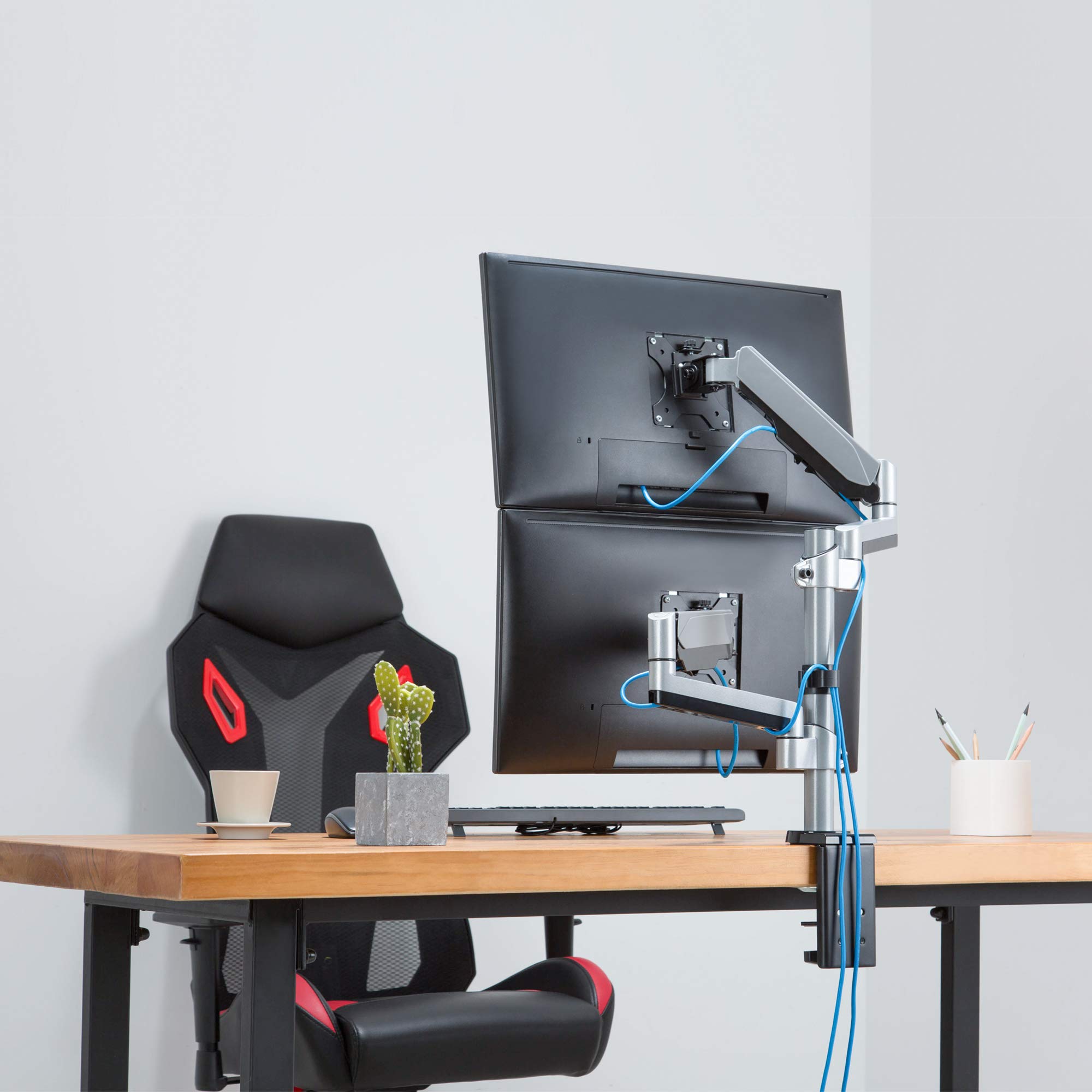 AVLT Dual 13-27 Inch Adjustable Monitor Arm for Two Flat or Curved Screens - Full Motion Height Swivel Tilt Rotation - VESA C-Clamp Grommet Mount with Cable Management - Perfect for Home Office Gaming and Workspace Setup