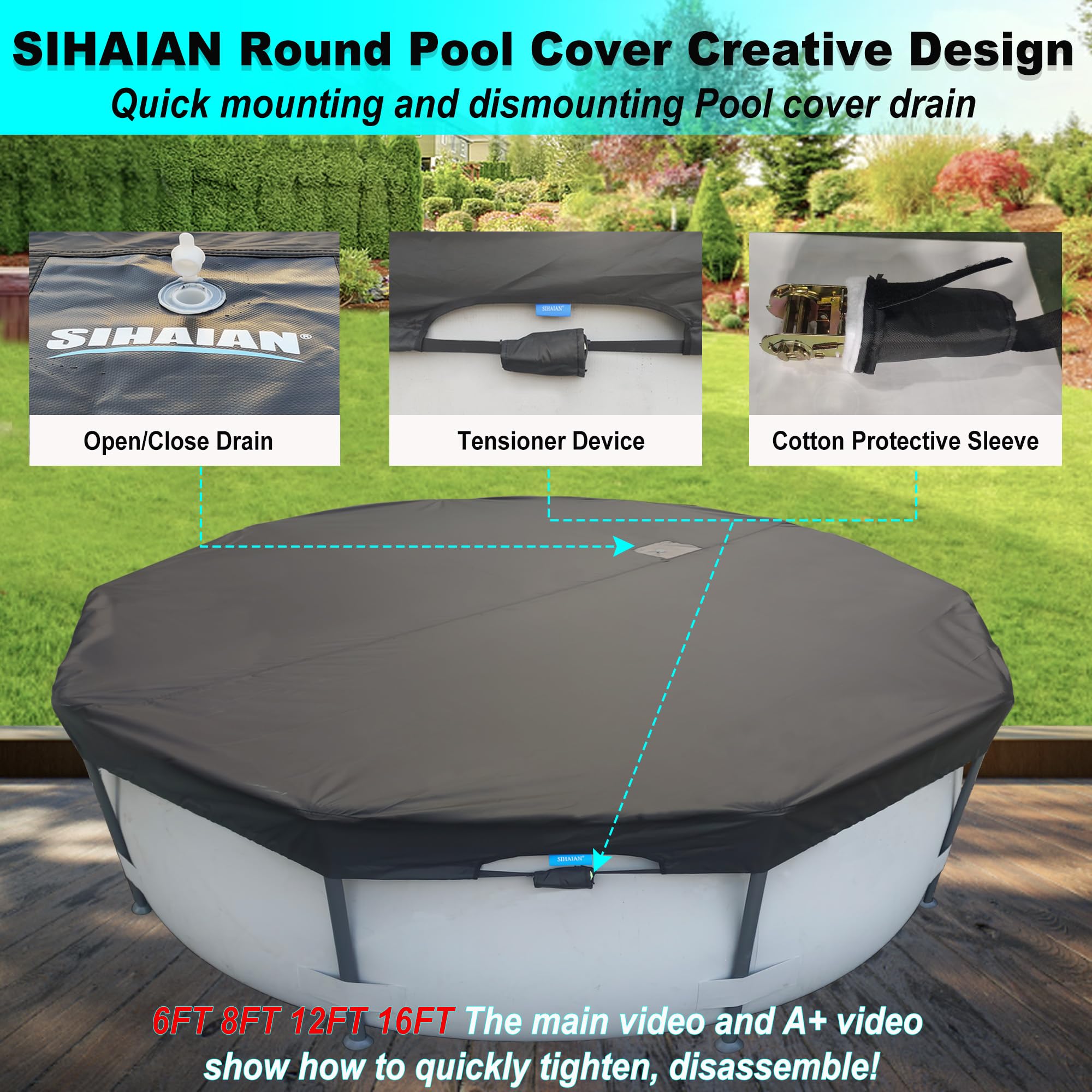 22 Ft Round Above Ground Pool Cover with Automatic Drain - Heavy Duty Winter Pool Protector, Dustproof & Waterproof Hot Tub Cover - Easy Installation for Swimming Pools & Spas (Ideal for Winter Protection & Year-Round Use)