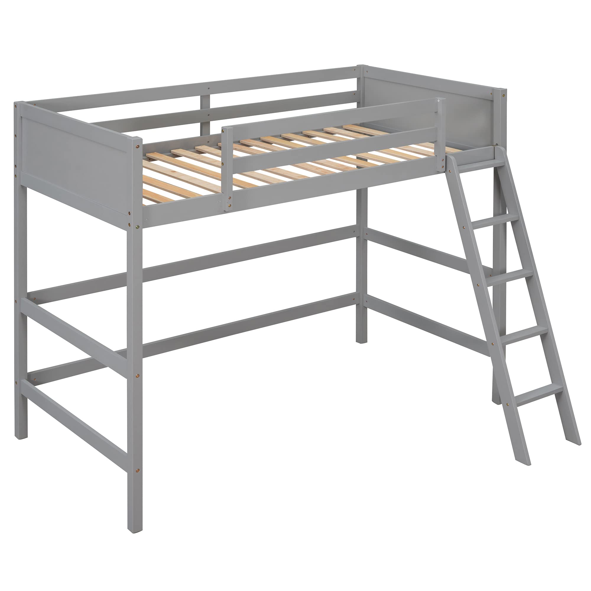 P PURLOVE Twin Loft Bed Frame with Angled Ladder - Sturdy Wooden Loft Bed for Teens, Kids, Boys & Girls - No Box Spring Required (Gray) - Perfect for Small Bedrooms, Dorm Rooms & Space-Saving Kids' Rooms