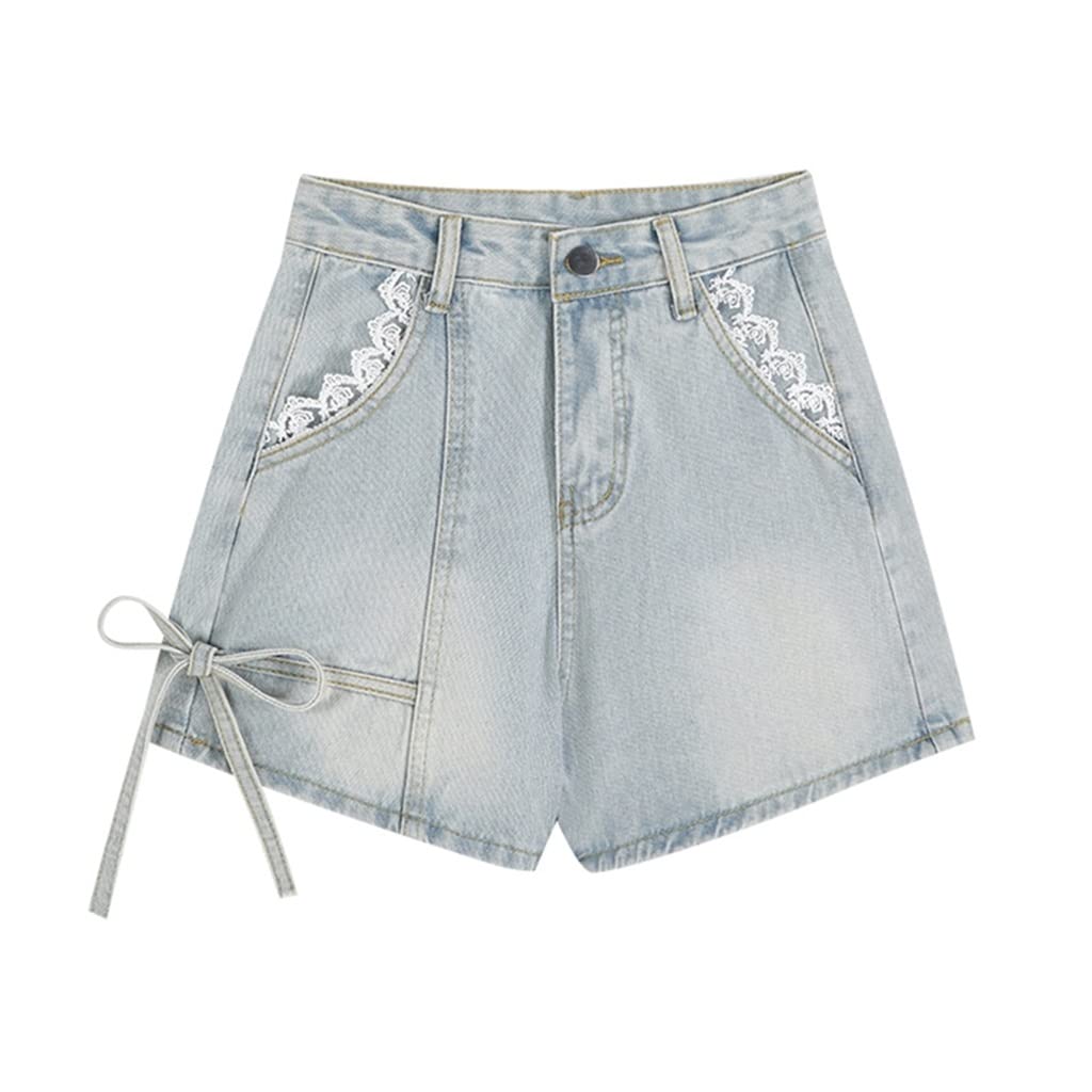 Vintage High Waist A-Line Denim Shorts for Women - Casual Bow Lace Patchwork Summer Shorts (Blue, Medium) | Perfect for Beach Outings, Music Festivals & Everyday Wear