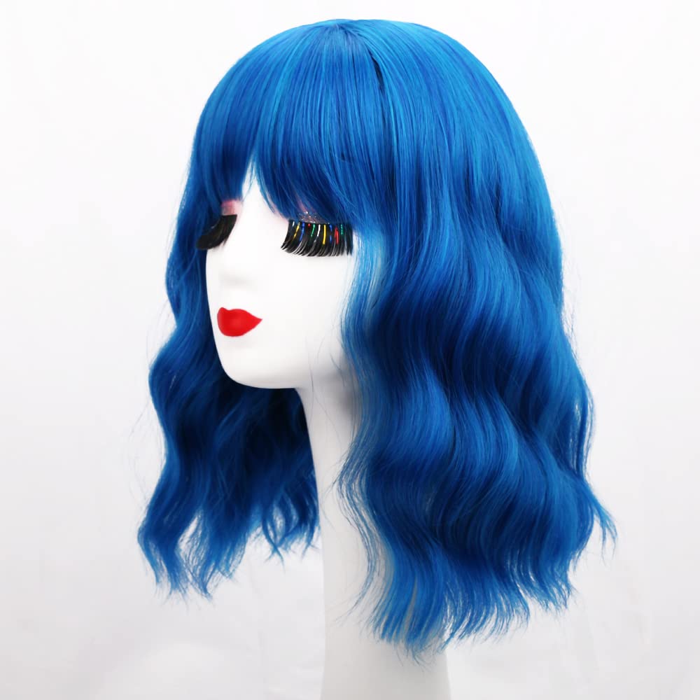 Bob Wig with Bangs - Shoulder Length Loose Wavy Synthetic Hair Cosplay Wig in Vibrant Blue | Perfect for Halloween Costumes, Cosplay Events & Themed Parties