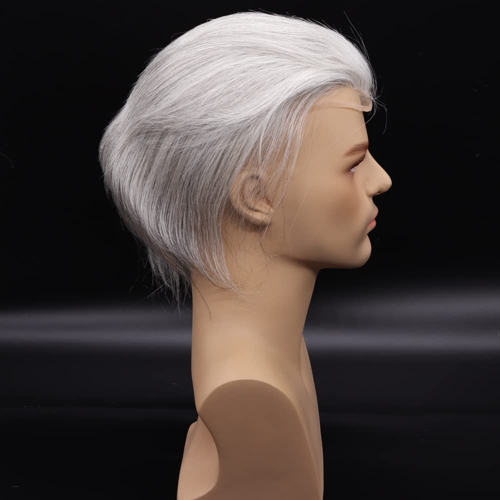 Premium European Human Hair Toupee for Men - Swiss Lace Front 0.08mm Thin Skin PU Base - 10x8 Inch 1B Mixed 90% Grey White Hair - Natural Looking Hair Replacement for Thinning Hair & Baldness - Perfect for Daily Wear, Special Occasions & Professional Settings