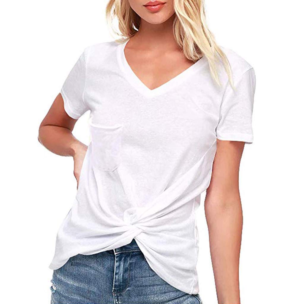 Qopobobo Women's Short Sleeve V-Neck Pocket Ruffled Tunic Tops - Loose Fit Solid Color Basic Tee Shirts for Casual Wear, Work & Everyday Outfits