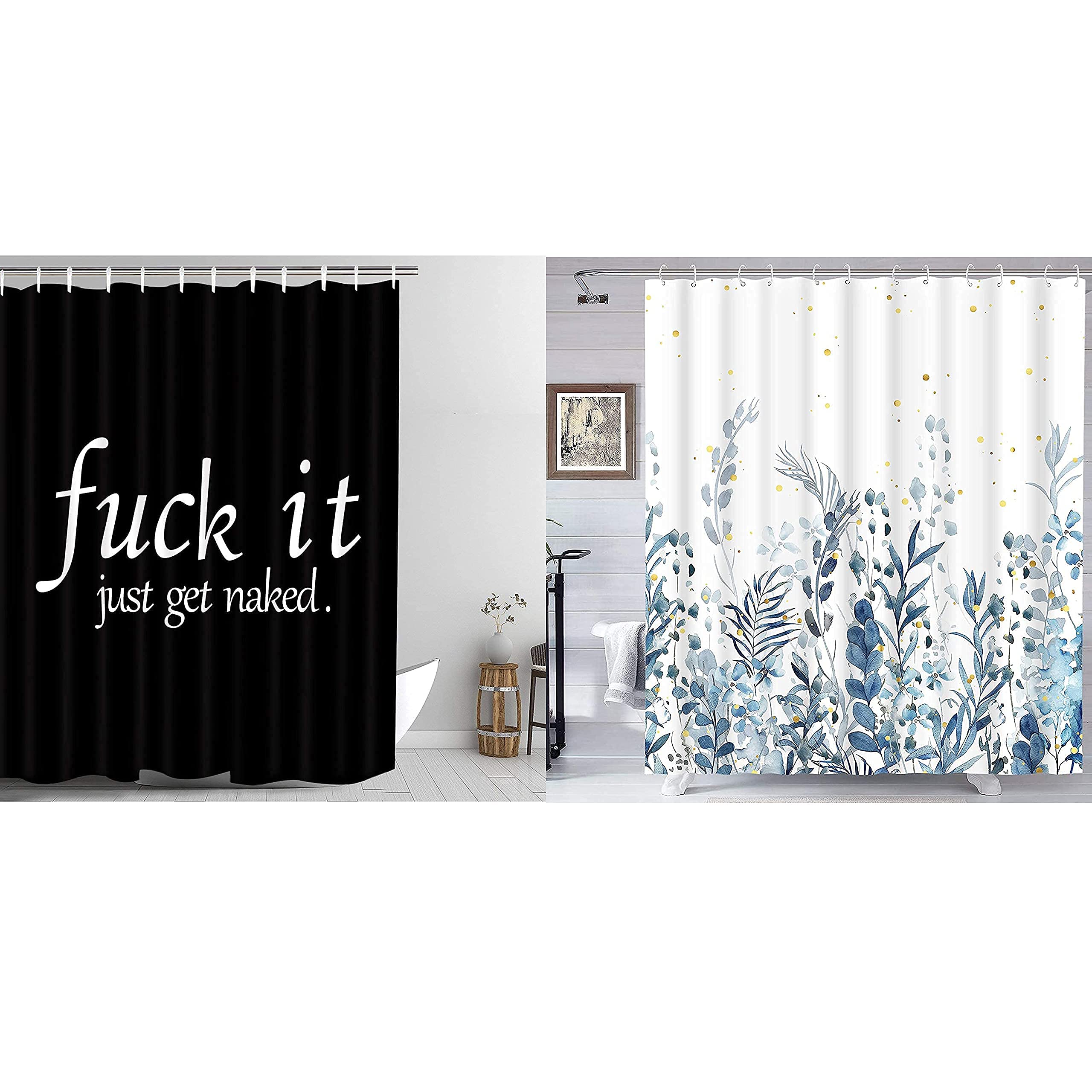 2 Pack Black & White Nude Art and Blue Floral Shower Curtain Set with 12 Hooks - Waterproof Bathroom Decor for Modern, Bohemian & Vintage Style Homes (60x72 Inches) - Perfect for Master Bath, Guest Bath & Dorm Rooms