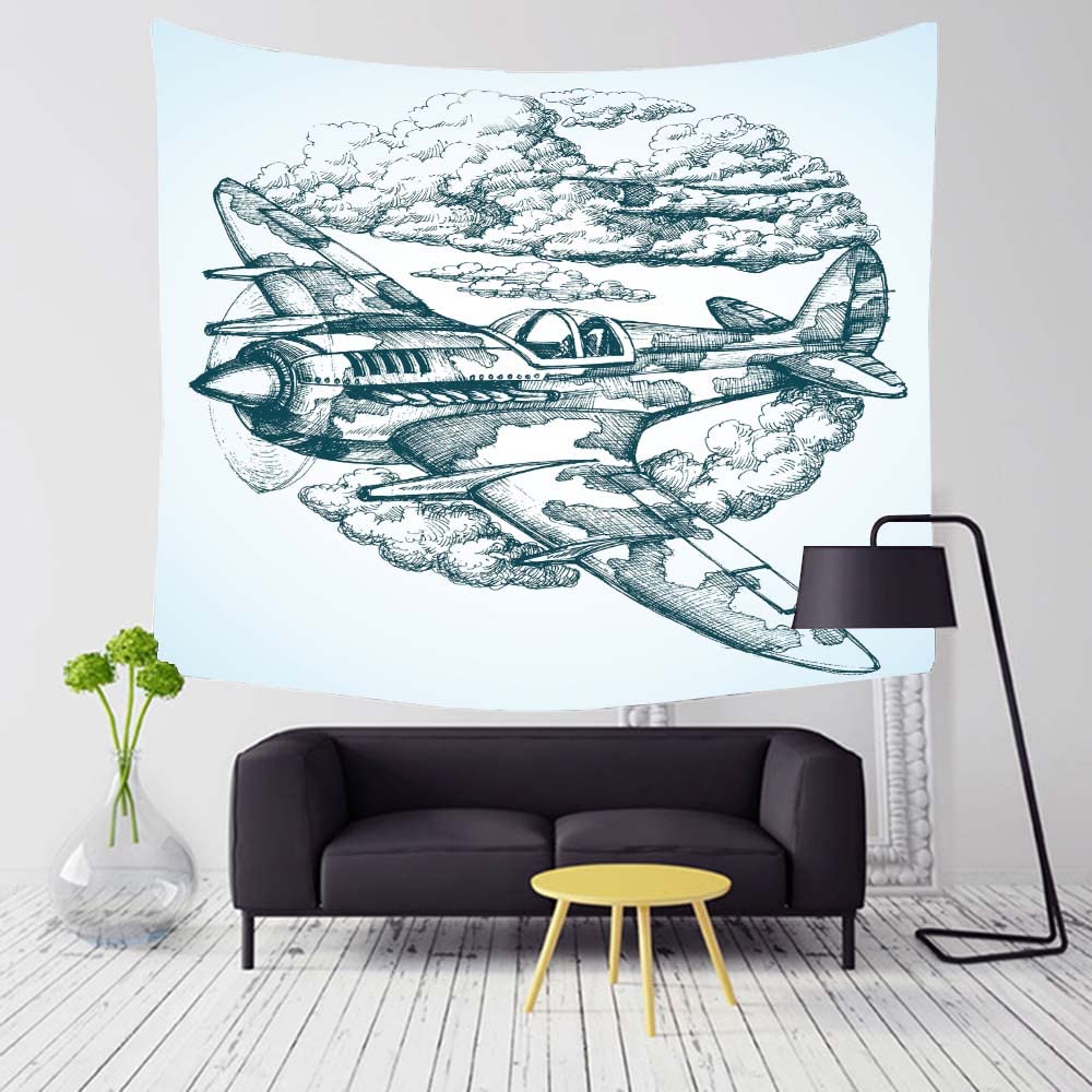 Vintage Combat Aircraft Sky Tapestry - 80x60 Inch Military Plane Wall Art for Bedroom, Living Room & Office Decor - Perfect for Aviation Enthusiasts & Home Styling