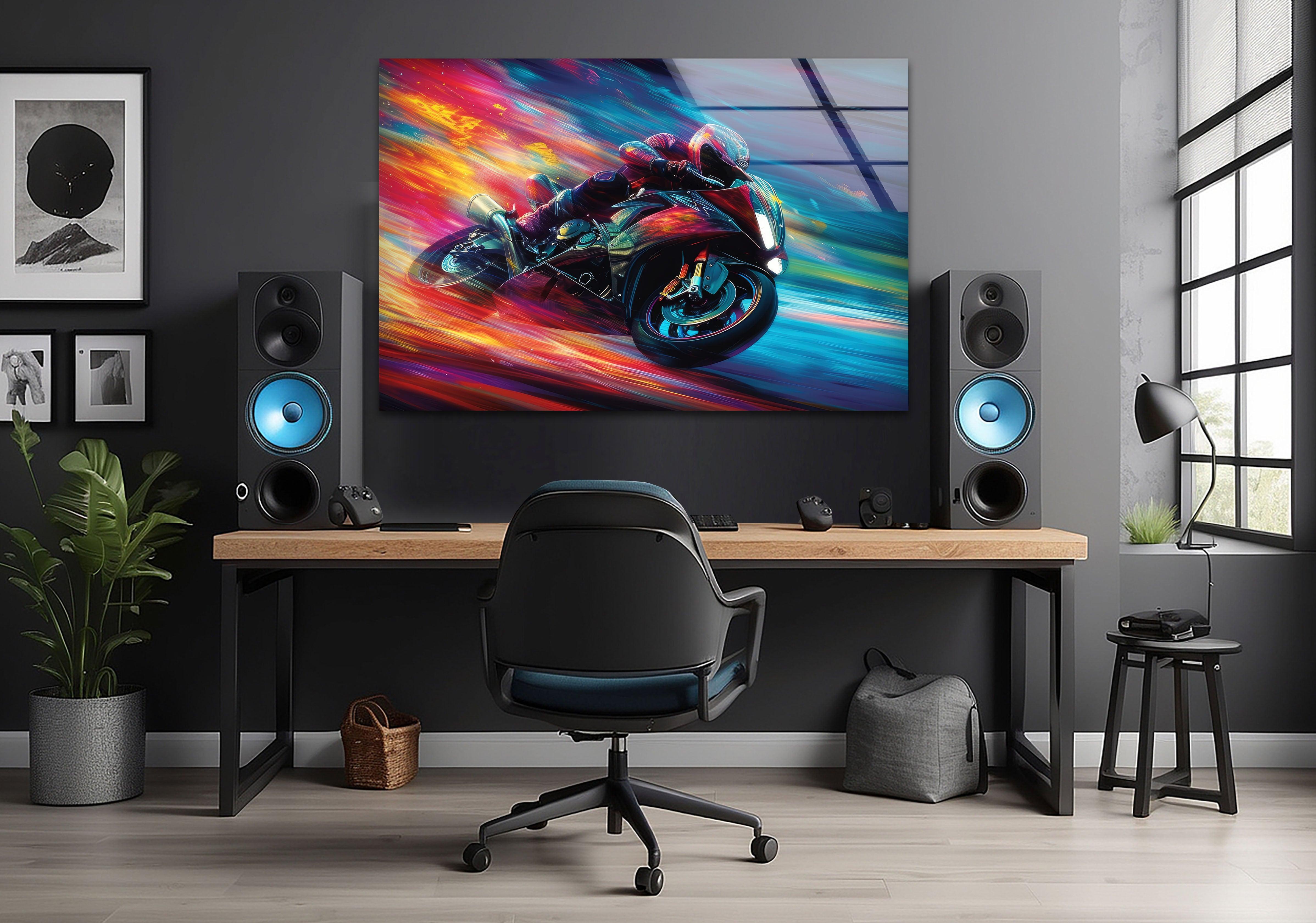 Vibrant Motor Racer Glass Wall Art - Modern Home Decor for Living Room, Bedroom & Office - Unique Automotive Themed Gift for Car Enthusiasts