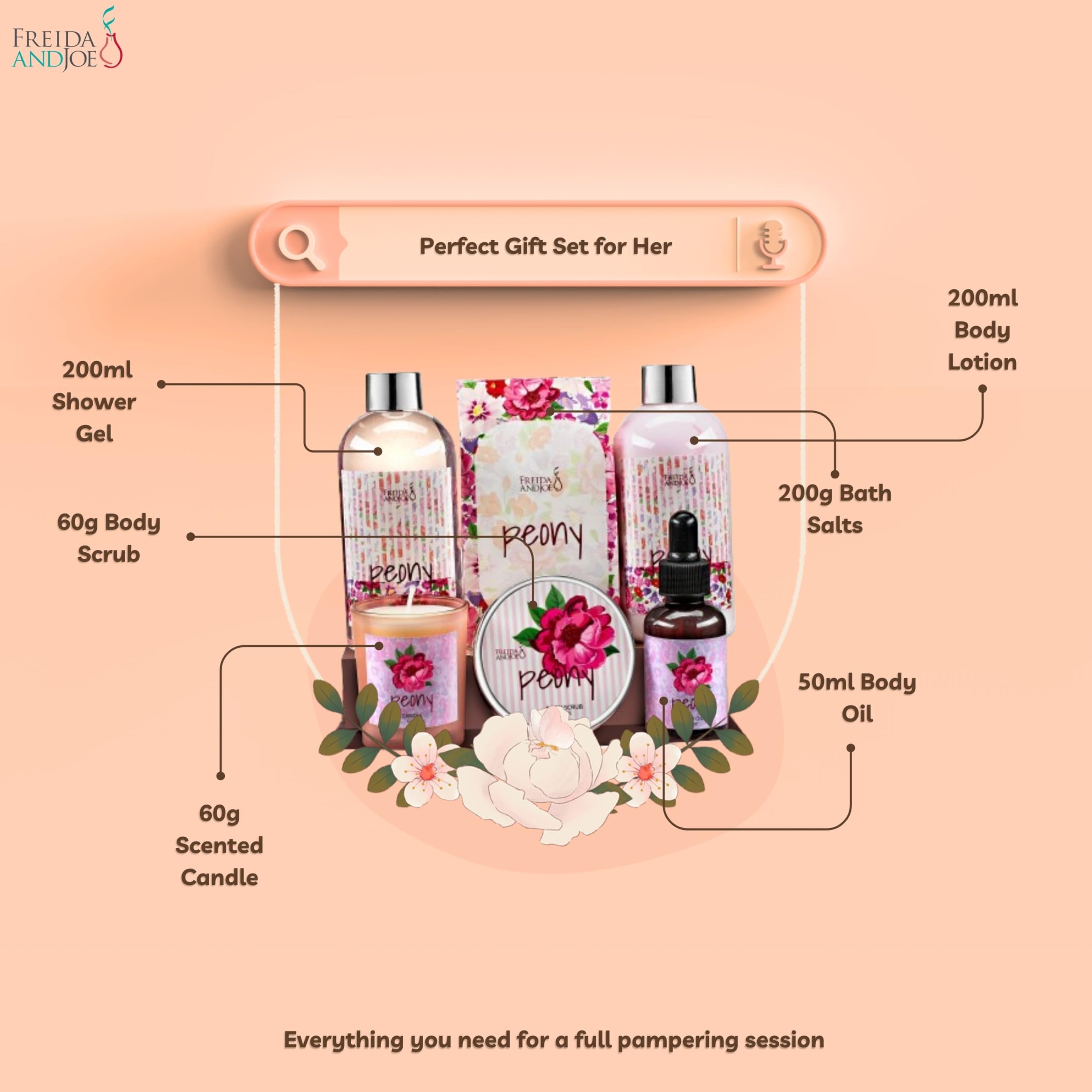 Peony Floral Spa Gift Basket for Women – 7-Piece Luxury Bath & Body Set with Shower Gel, Lotion, Scrub, Oil, Bath Salts & Scented Candle – Perfect Valentines, Birthday & Self-Care Gift for Relaxation & Pampering at Home