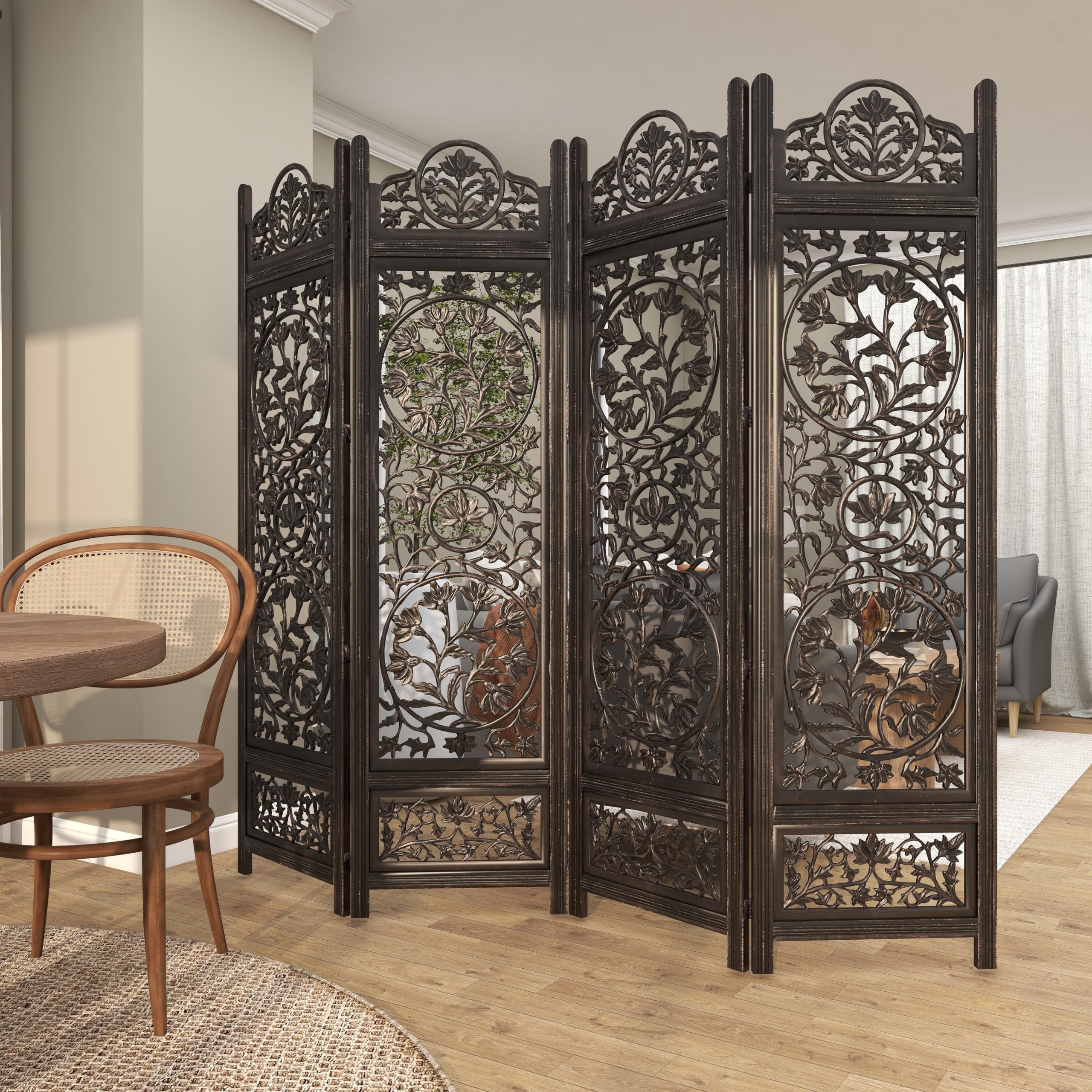 Deco 79 Handmade Wood Floral Room Divider Screen - 4 Panel Foldable Privacy Partition with Carved Design, 80