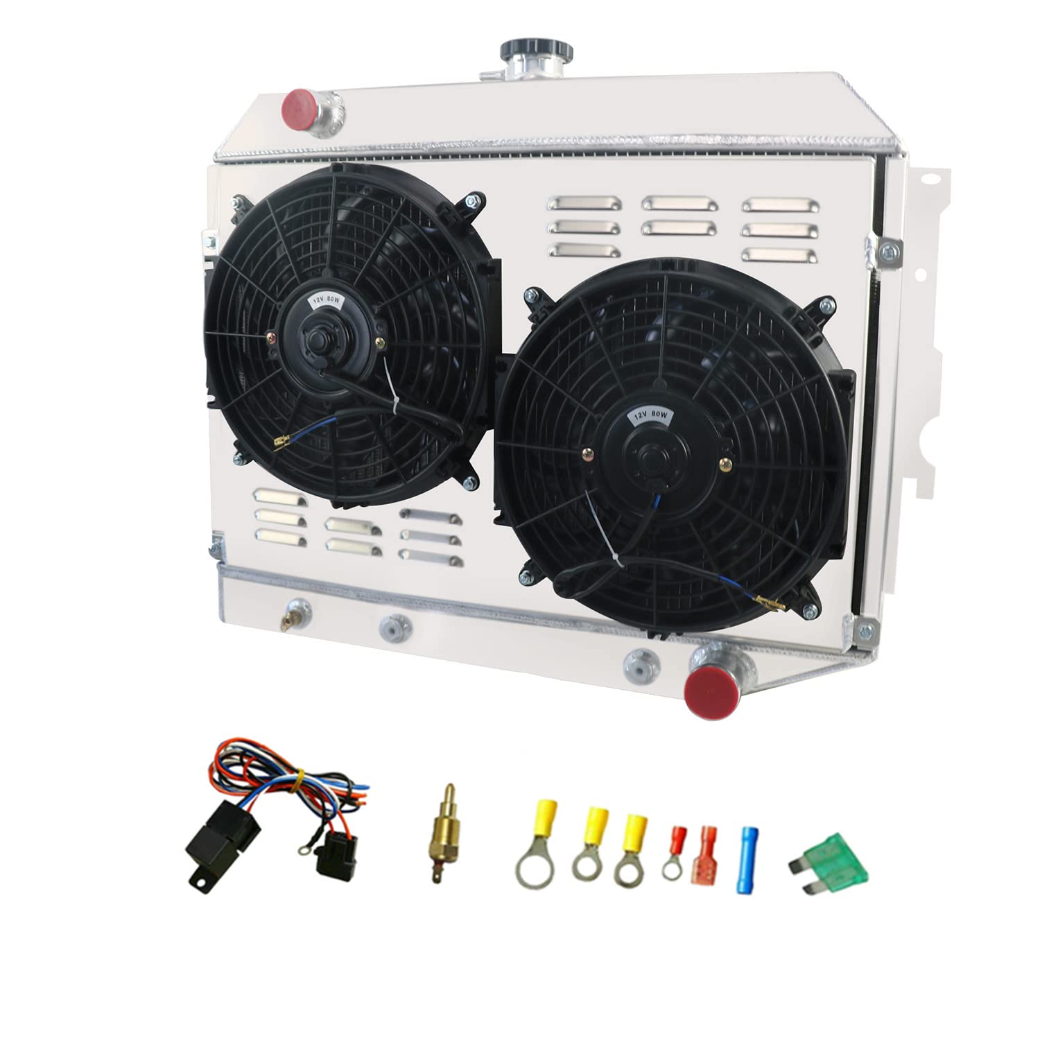 1970-1974 Dodge Challenger Mopar Small Block V8 Aluminum Radiator - 3 Row All-Aluminum Cooling System with Shroud Fan & Thermostat Relay Kit | Perfect for Classic Car Restoration, Hot Rod Upgrades & High-Performance Cooling Solutions