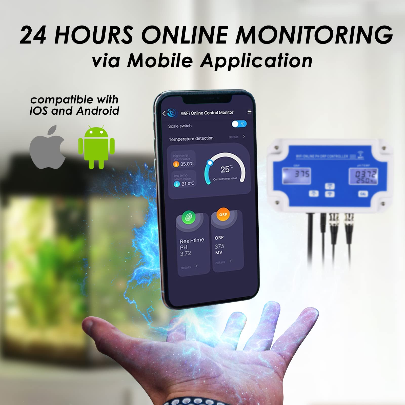 Smart pH ORP Controller - 3-in-1 WiFi Aquarium Water Monitor for pH, ORP & Temperature with Calibration | Compatible with CO2 Bottles & O3 Generators | Perfect for Fish Tanks, Hydroponics & Water Quality Testing