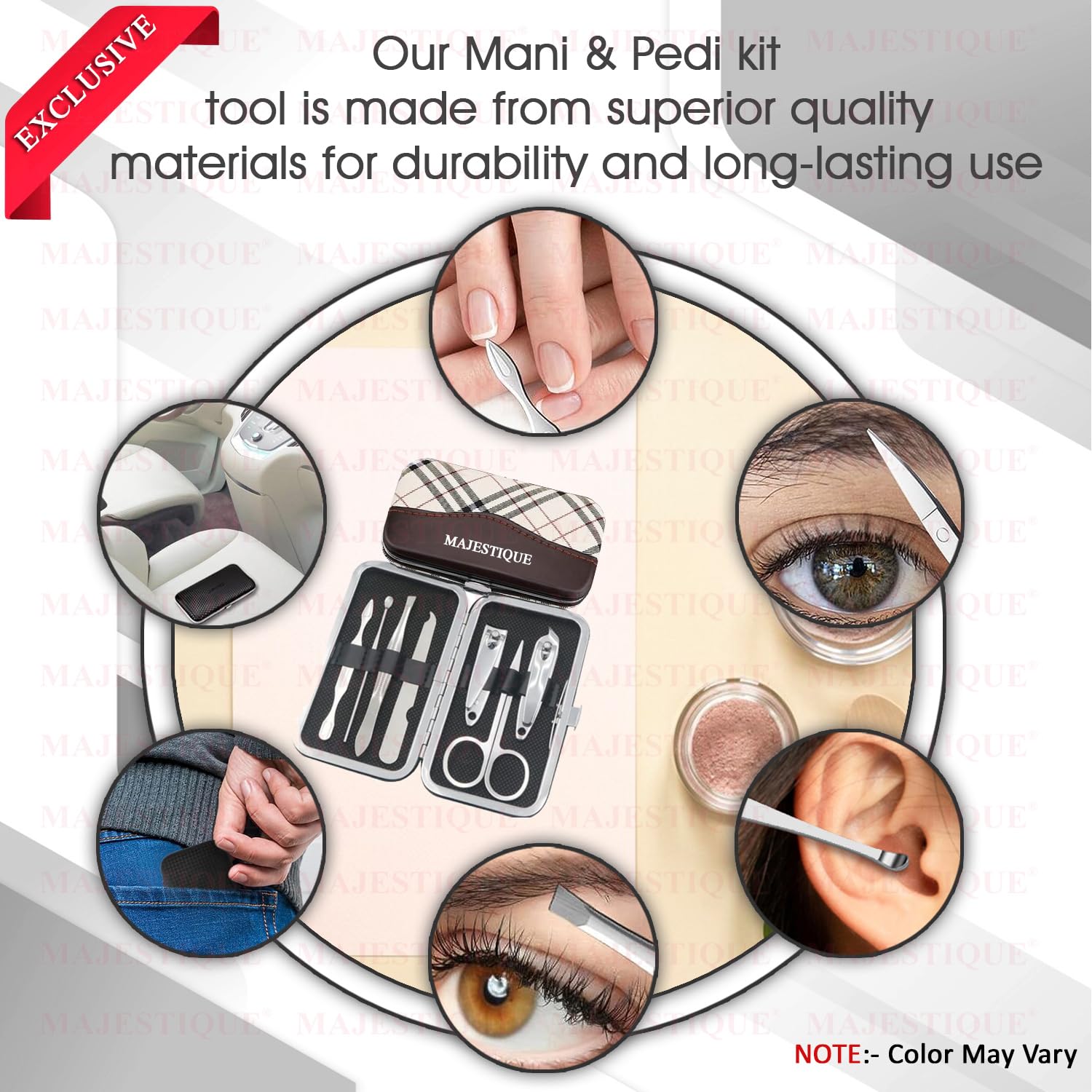 Majestique 7-in-1 Professional Manicure Kit - Stainless Steel Nail Clippers, Scissors, Cuticle Pusher, Nail File & Blackhead Remover - Portable Travel Grooming Set for Women & Men - Ideal for Home, Travel, Salon, Spa & Daily Nail Care - Perfect Gift for Beauty Enthusiasts