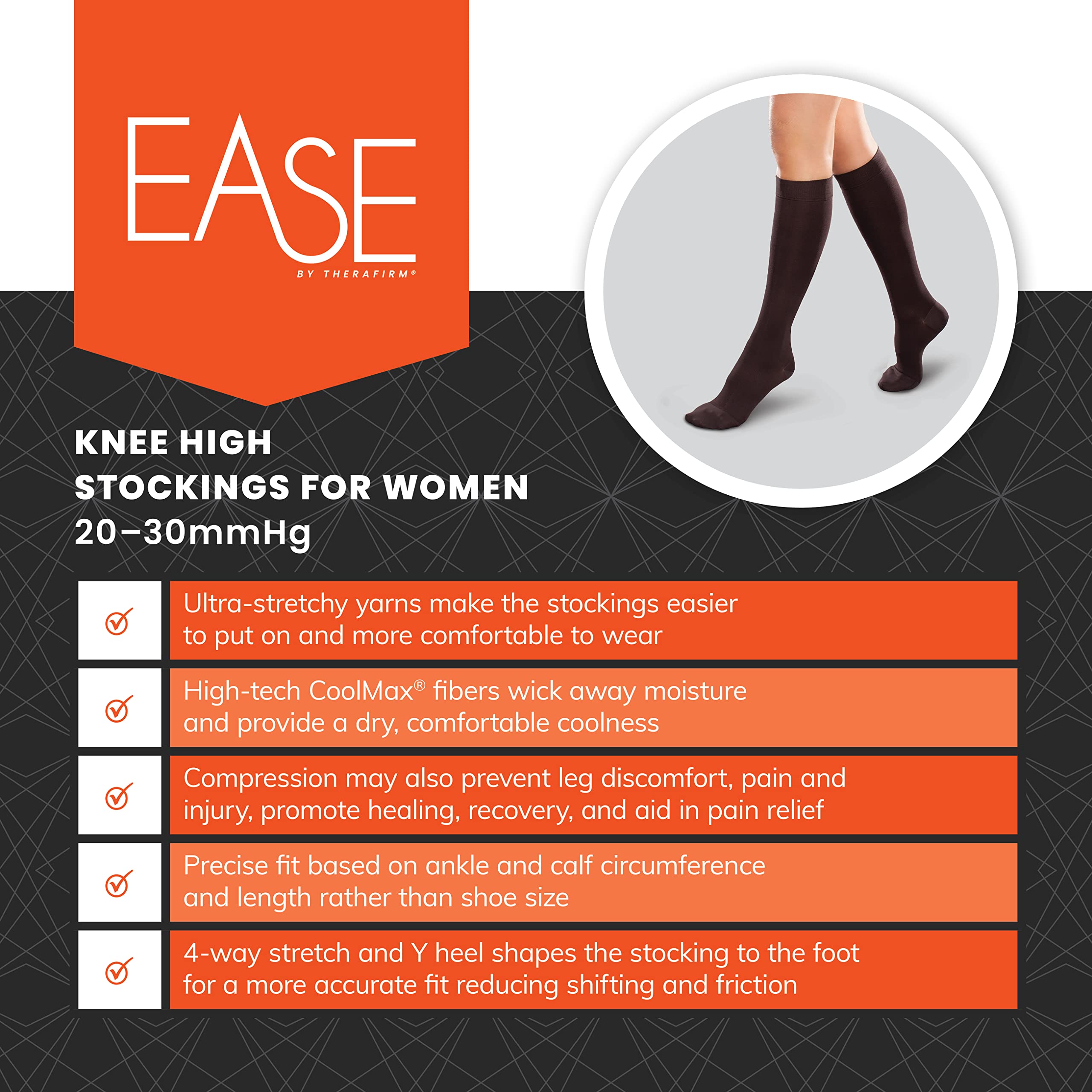 Ease Opaque Women's Knee High Compression Stockings 20-30mmHg Moderate Graduated Support Nylons for Circulation & Swelling Relief - Perfect for Travel, Work & Varicose Veins - Petite Size