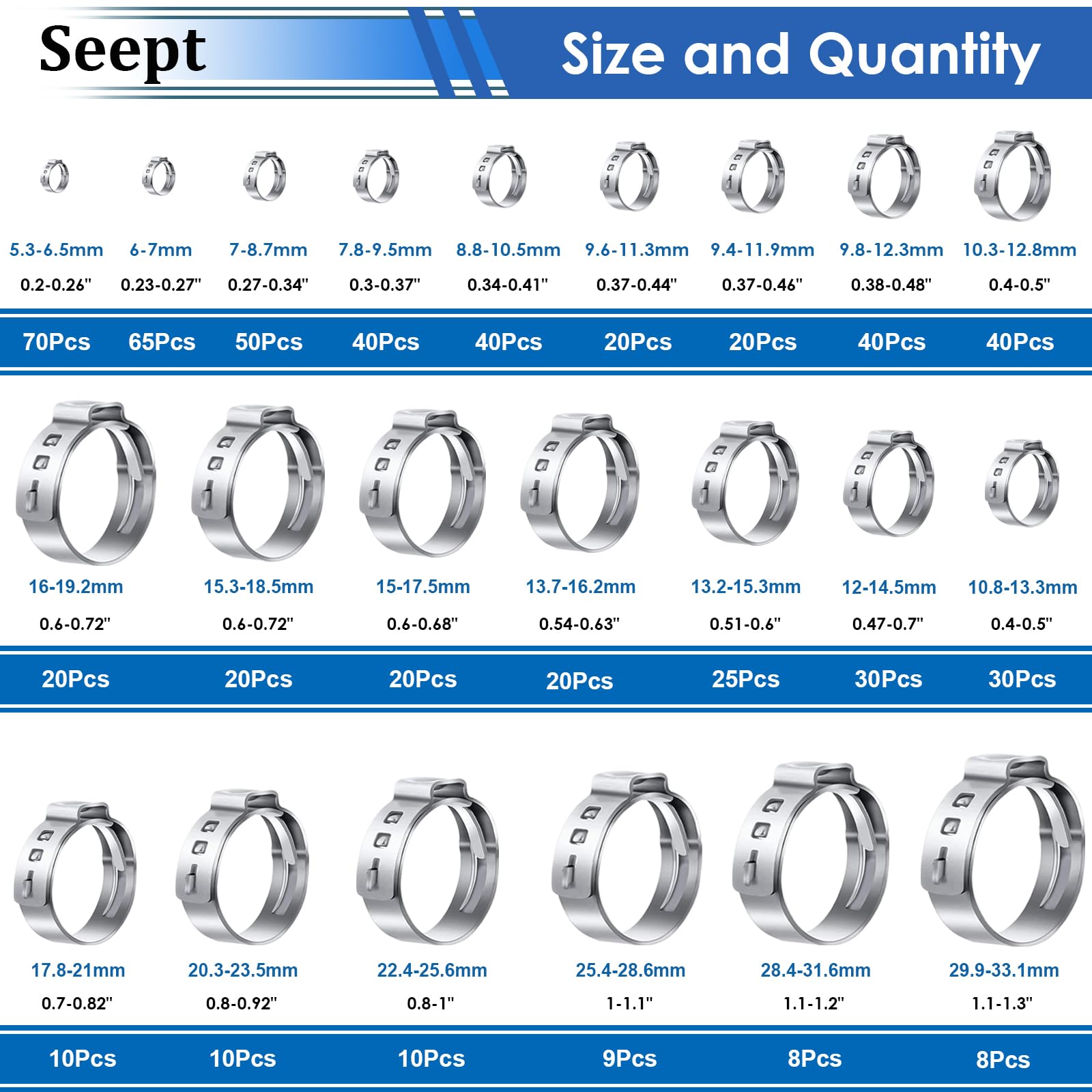 605Pcs 22 Sizes 304 Stainless Steel Single Ear Hose Clamps Assortment Kit (5.3-33.1mm) - Perfect for Automotive, Home Appliance, Water Pipe & Fuel Line - Stepless Crimp Clamps for Secure Leak-Proof Connections