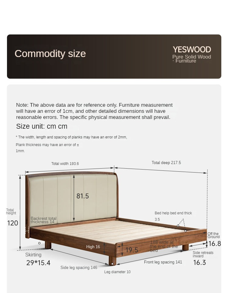 Premium Black Walnut & Ash Solid Wood Leather Upholstered Bed Frame - High Soft Back Support for Master Bedroom, Guest Room & Luxury Home Decor