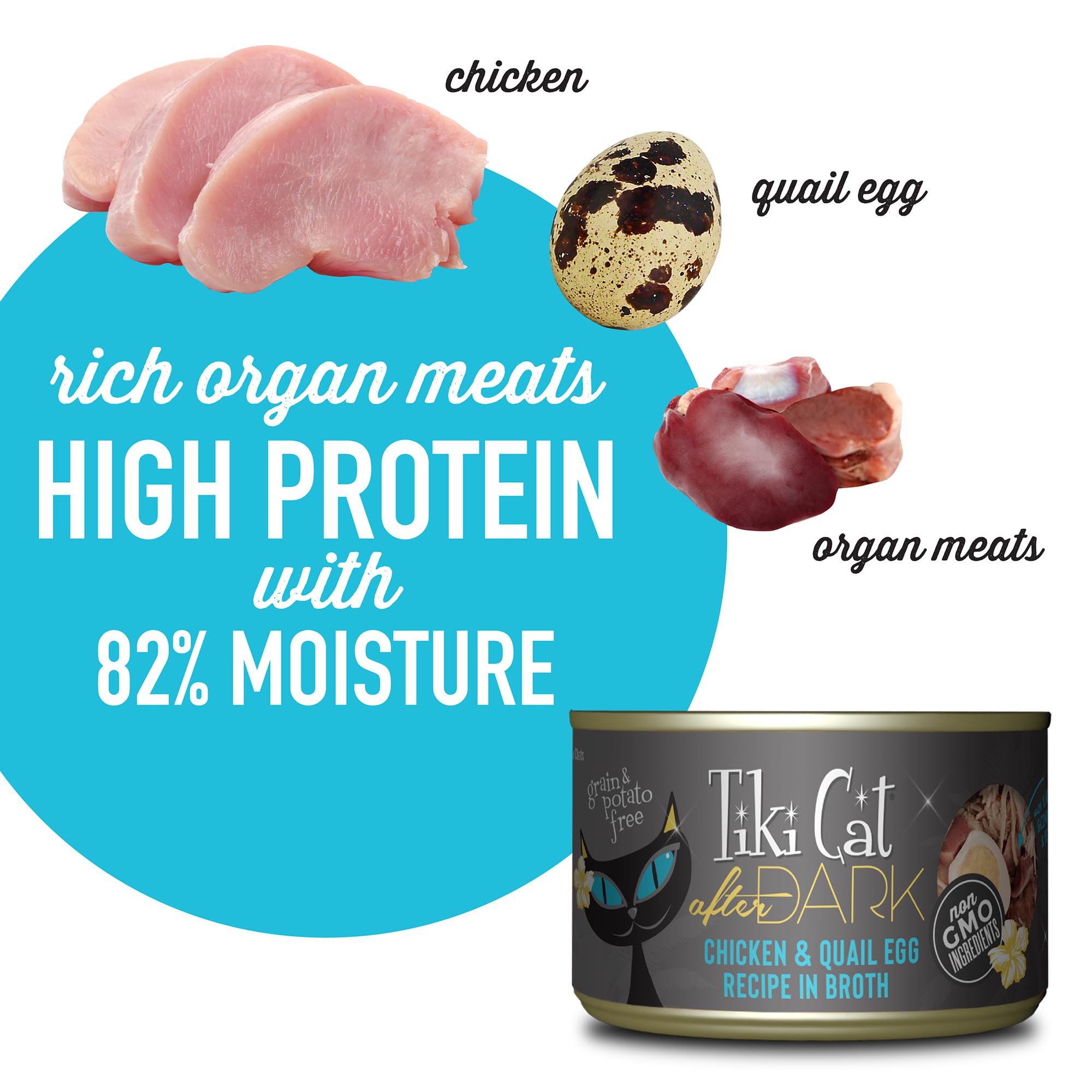 Tiki Cat After Dark High-Protein Wet Cat Food - Chicken & Quail Egg Recipe with 100% Non-GMO Ingredients for Adult Cats, 5.5 oz Cans (8-Pack) - Perfect for Indoor Cats & Weight Management