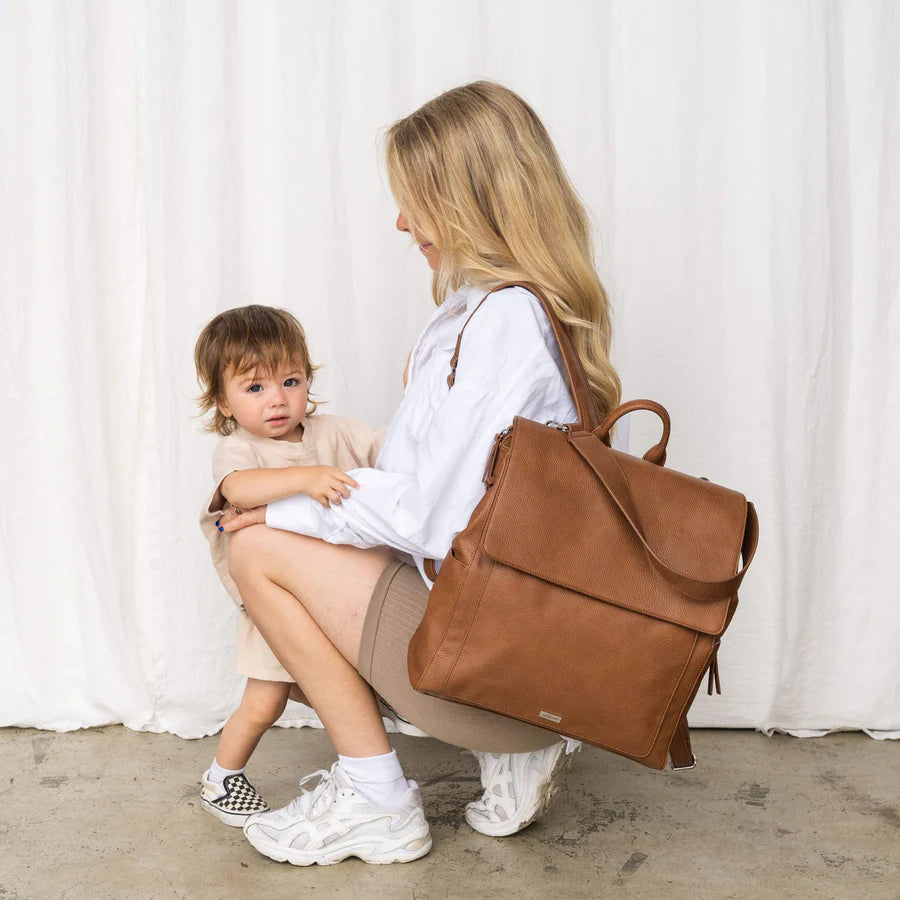 Vanchi Vegan Leather Emmy Backpack Diaper Bag in Pebbled Tan - Stylish & Spacious Baby Bag for Moms, Perfect for Travel, Shopping & Daily Use