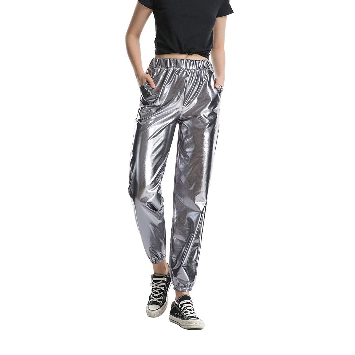 Kaipiclos Women's Reflective Sweatpants - Metallic Shiny Hip Hop Joggers with Holographic Design for Running, Gym & Streetwear (Grey, Size S) | Perfect for Night Workouts, Dance Clubs & Fashion Outfits