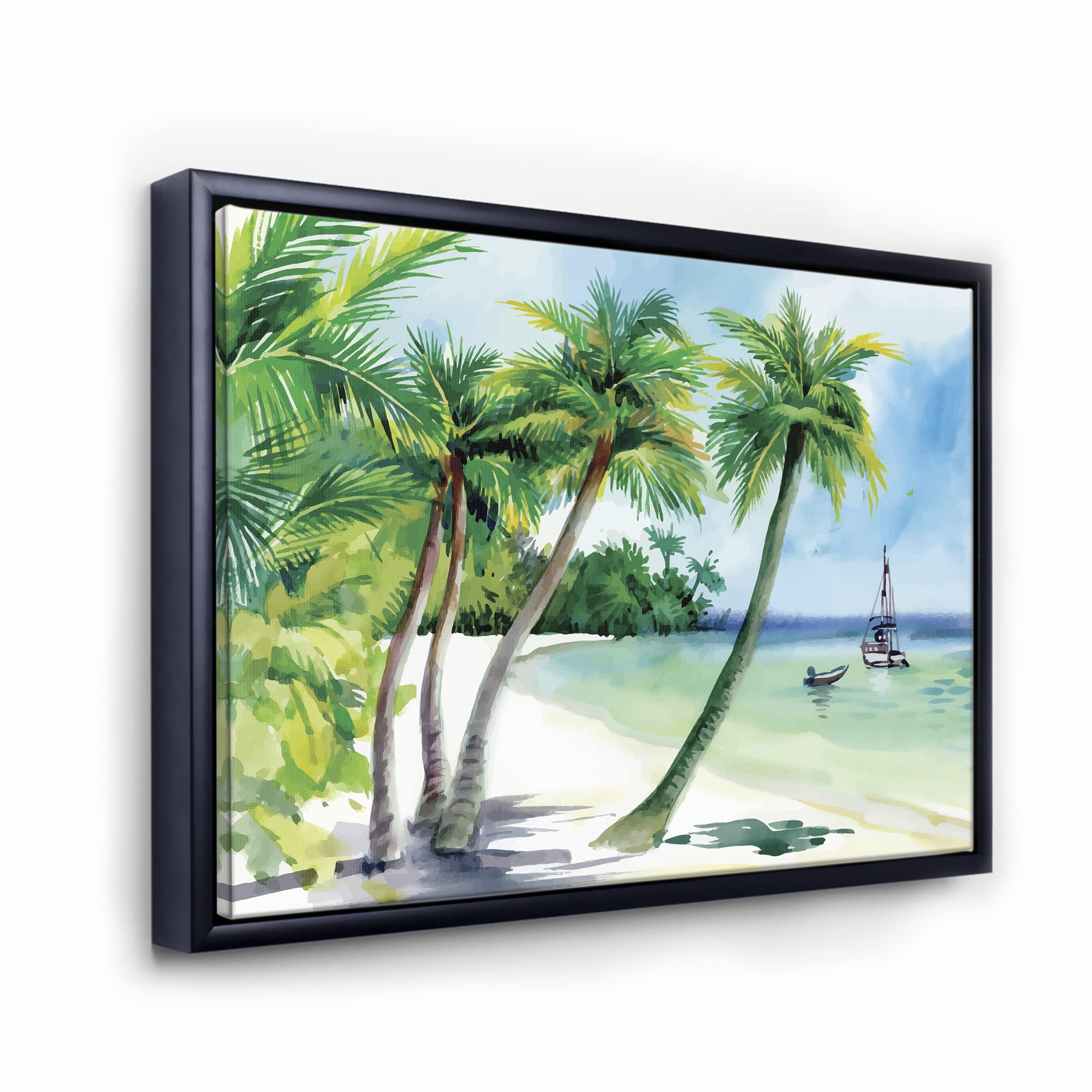 DesignQ Summer Beach With Palm Trees - Coastal Framed Canvas Wall Art Print for Living Room, Bedroom & Office Decor | Nautical Theme Home Décor