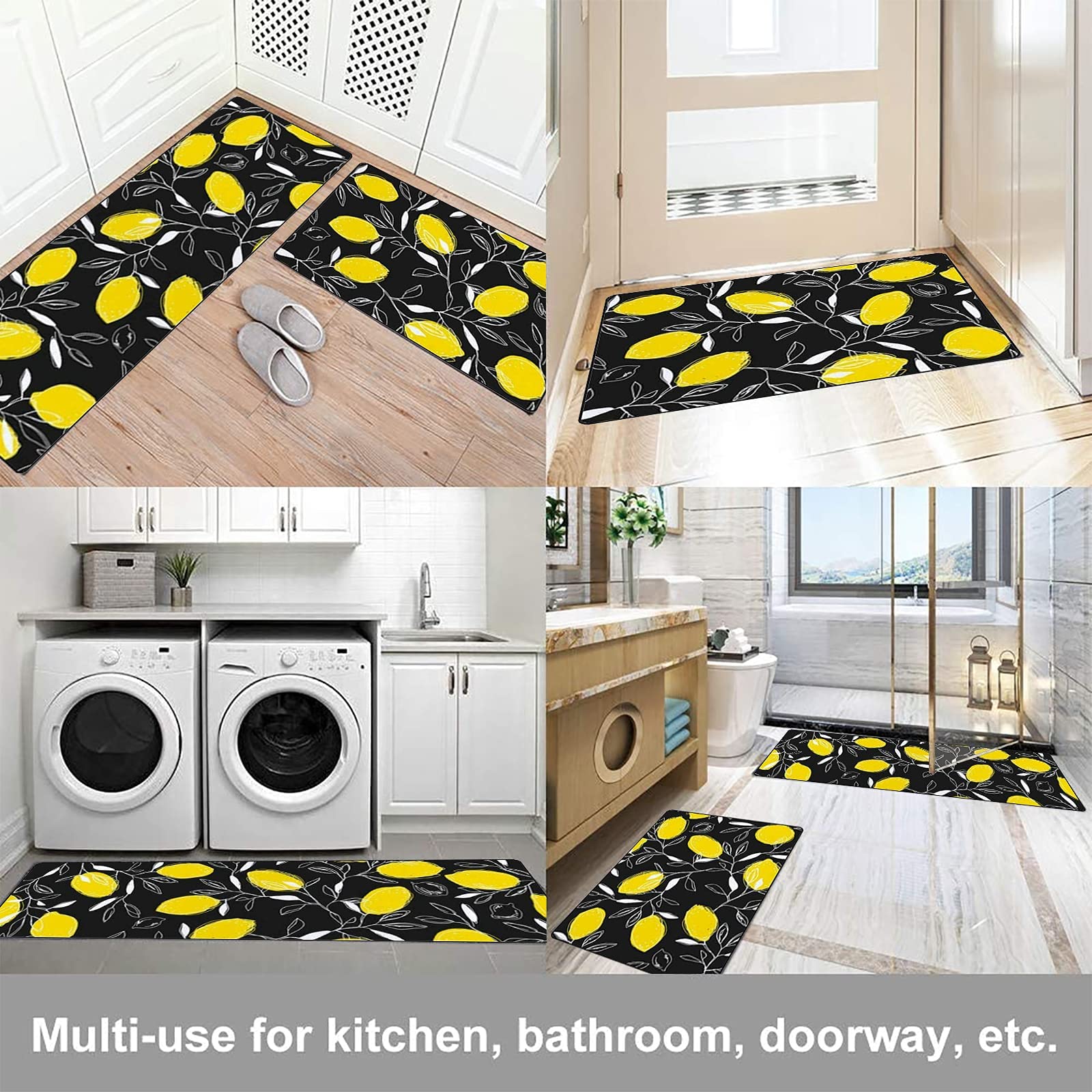 Non-Slip Waterproof Kitchen Floor Mats Set of 2 - Black Cushioned Anti-Fatigue Runner Rugs for Home, Office, Laundry Room (17.7