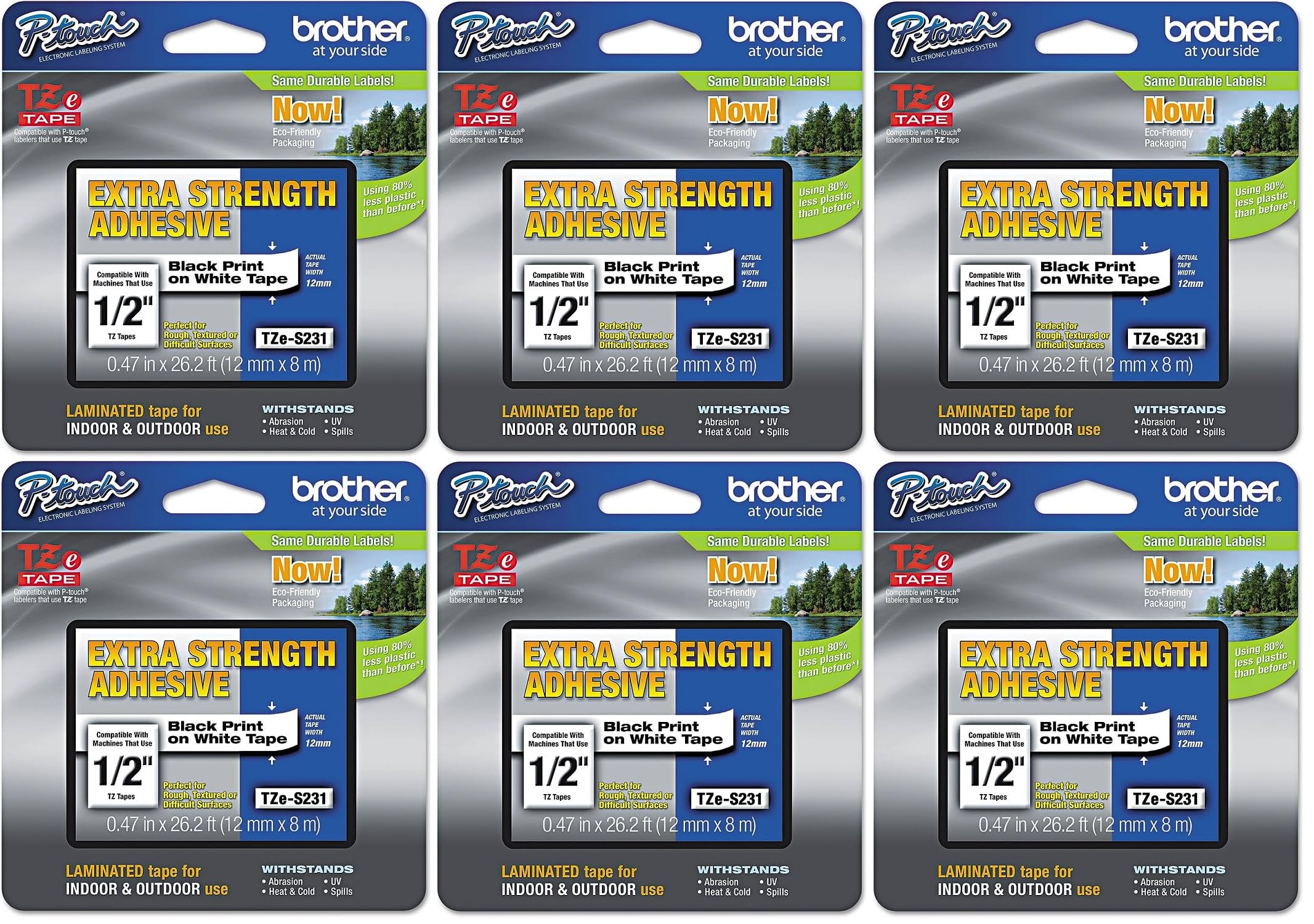 Brother Genuine P-touch TZe-S231 6-Pack Laminated Label Tape - 0.47
