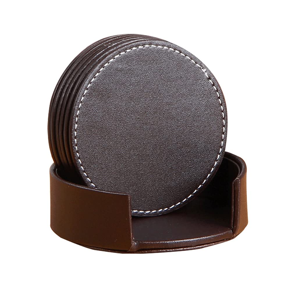 Premium Round Leather Heat Insulation Coasters - Non-Slip Cup Mats for Hot & Cold Drinks - Elegant Desk Decor for Living Room, Dining Table & Kitchen (Brown) - Perfect for Coffee Tables, Office Desks & Home Entertaining
