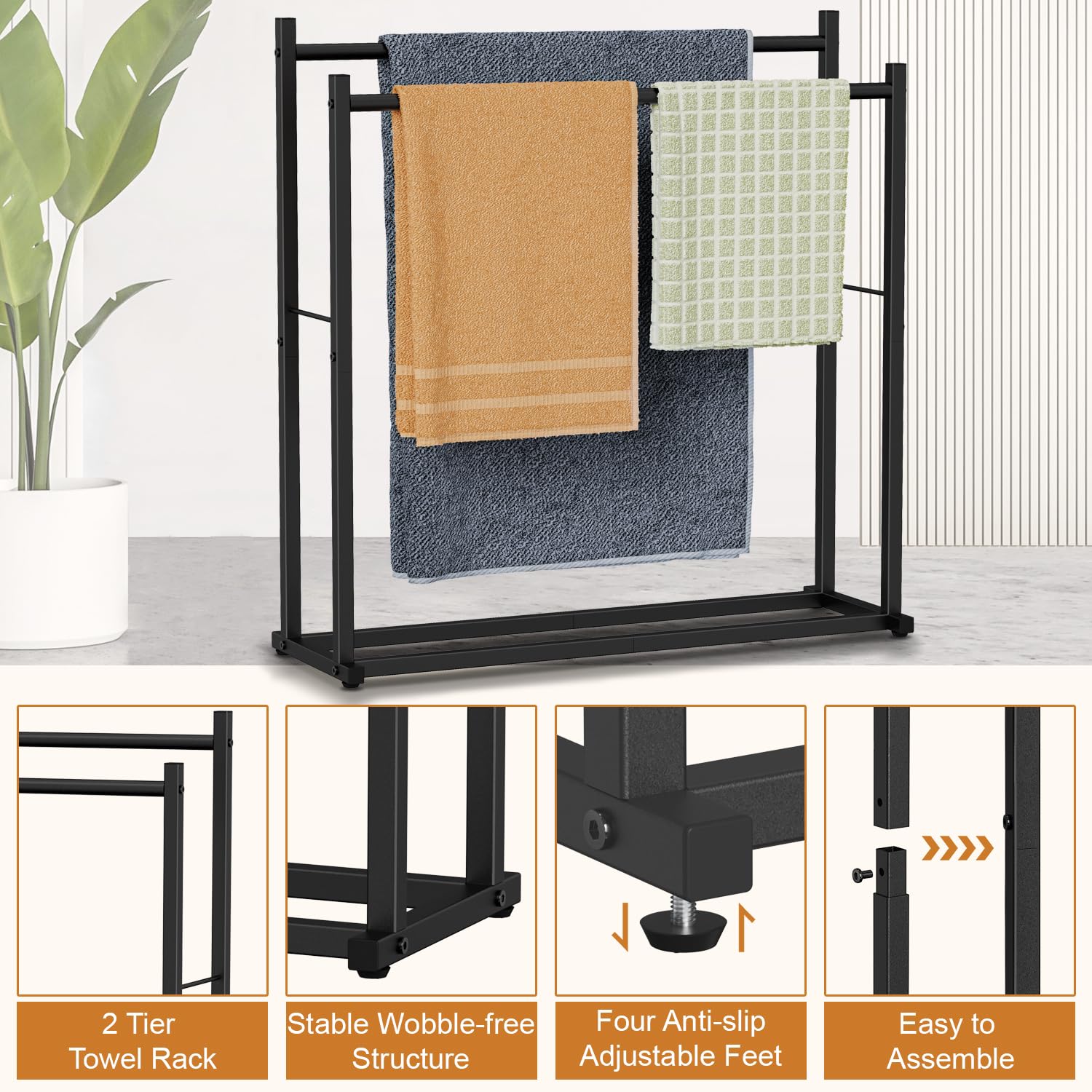 Honiter 2-Tier Free Standing Towel Rack for Bathroom & Outdoor Use - Wide Drying Rack for Oversized Bath Towels, Pool Blankets & Beach Towels - Black Space-Saving Storage Solution for Bathroom, Poolside & Laundry Room