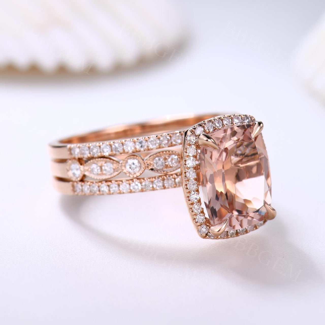 10x8mm Cushion Cut Natural Morganite Engagement Ring Set - 3 Piece Wedding Band Collection for Brides, Promise Rings & Anniversary Gifts | Perfect for Proposals, Valentine's Day & Special Occasions
