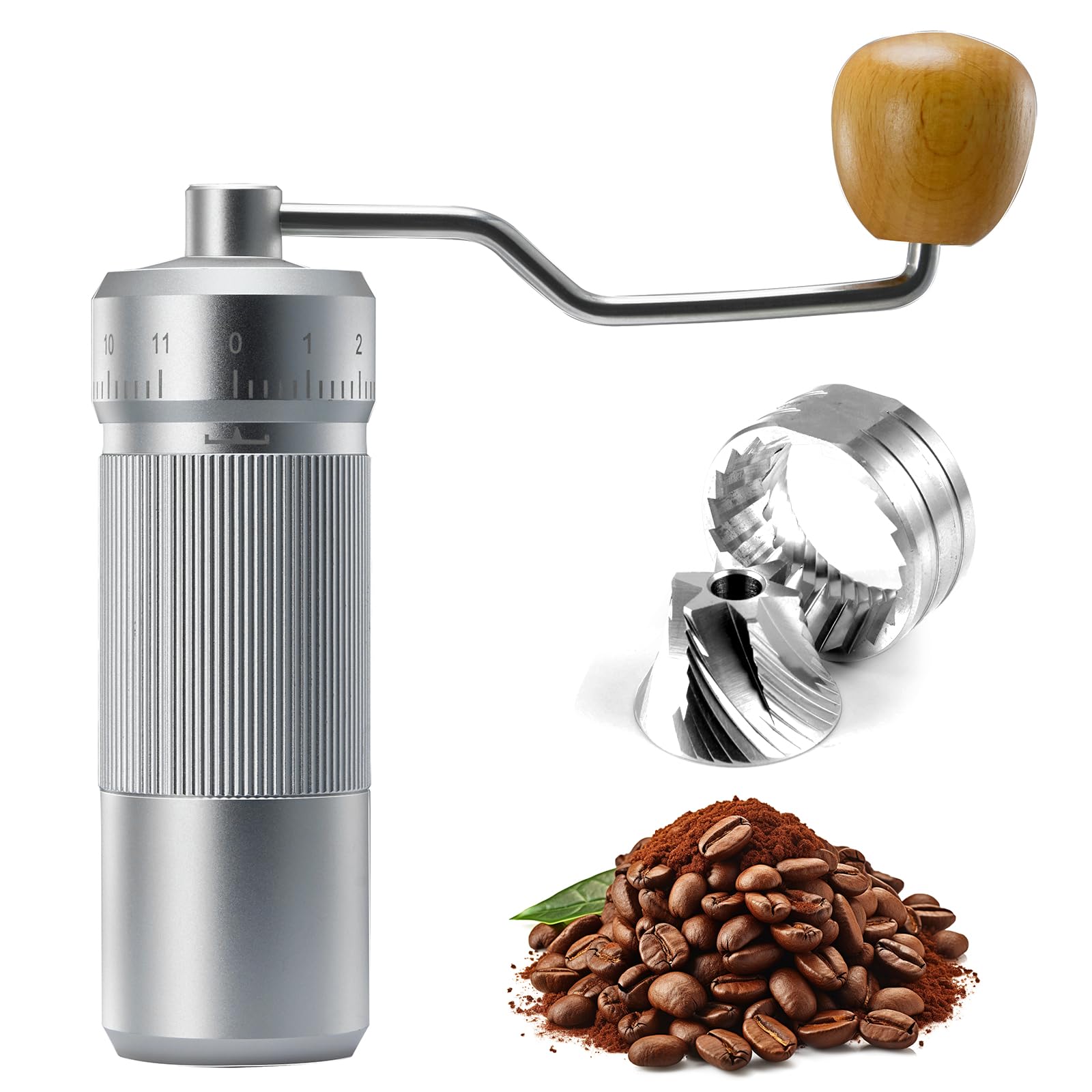 Premium Manual Coffee Grinder by Suvykep - 6-Star Adjustable Hand Coffee Mill with 25g Capacity, CNC Stainless Steel Burr for Espresso - 55 Precise Grind Settings for French Press, Pour Over & Cold Brew - Portable Silver Coffee Grinder for Home, Office & Camping Use