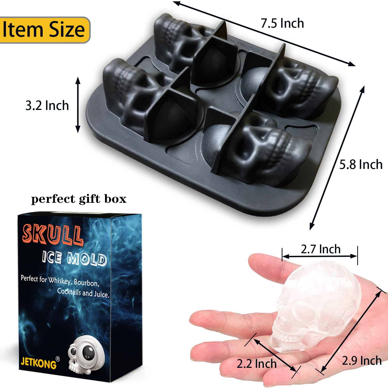 JETKONG Large Skull Ice Mold - 4 Cavity Silicone Ice Cube Tray for Whiskey, Bourbon, Cocktails & Juice - Perfect for Halloween Parties, Themed Drinks & Home Bars
