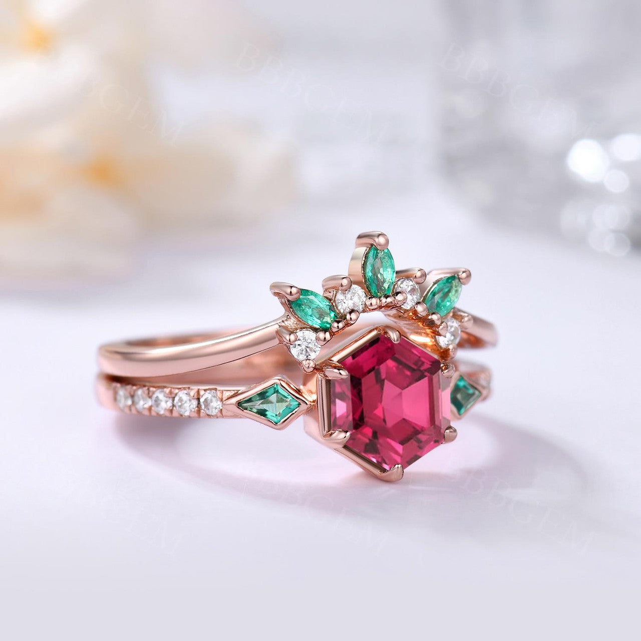 3 Stones Hexagon Lab Ruby with Kite Cut Emerald Sidestones Wedding Ring Set in Bezel & Prong Rose Gold Setting - Perfect for Engagement, Anniversary, and Bridal Jewelry Gifts