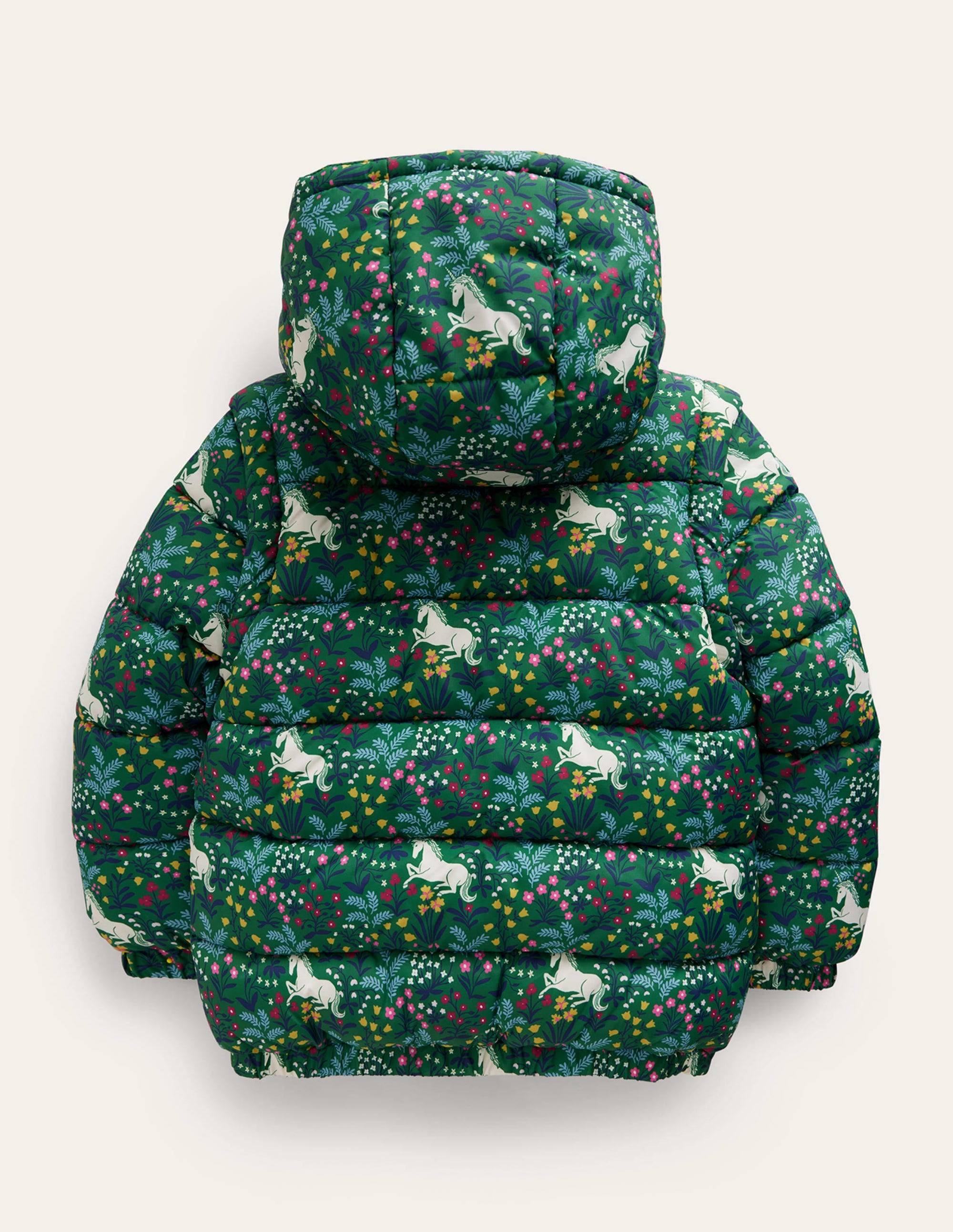 2 in 1 Padded Coat for Women - Waterproof Winter Jacket with Hood, Deep Green Unicorn Meadow Print - Perfect for Outdoor Activities & Cold Weather Fashion