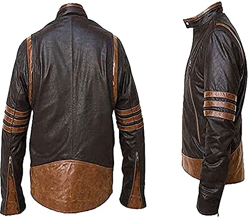 X-Men Wolverine Striped Leather Jacket - Brown Biker Jacket for Cosplay & Halloween - Premium Faux Leather Coat for Men (Large) - Perfect for Comic Con, Movie Costumes & Superhero Fans