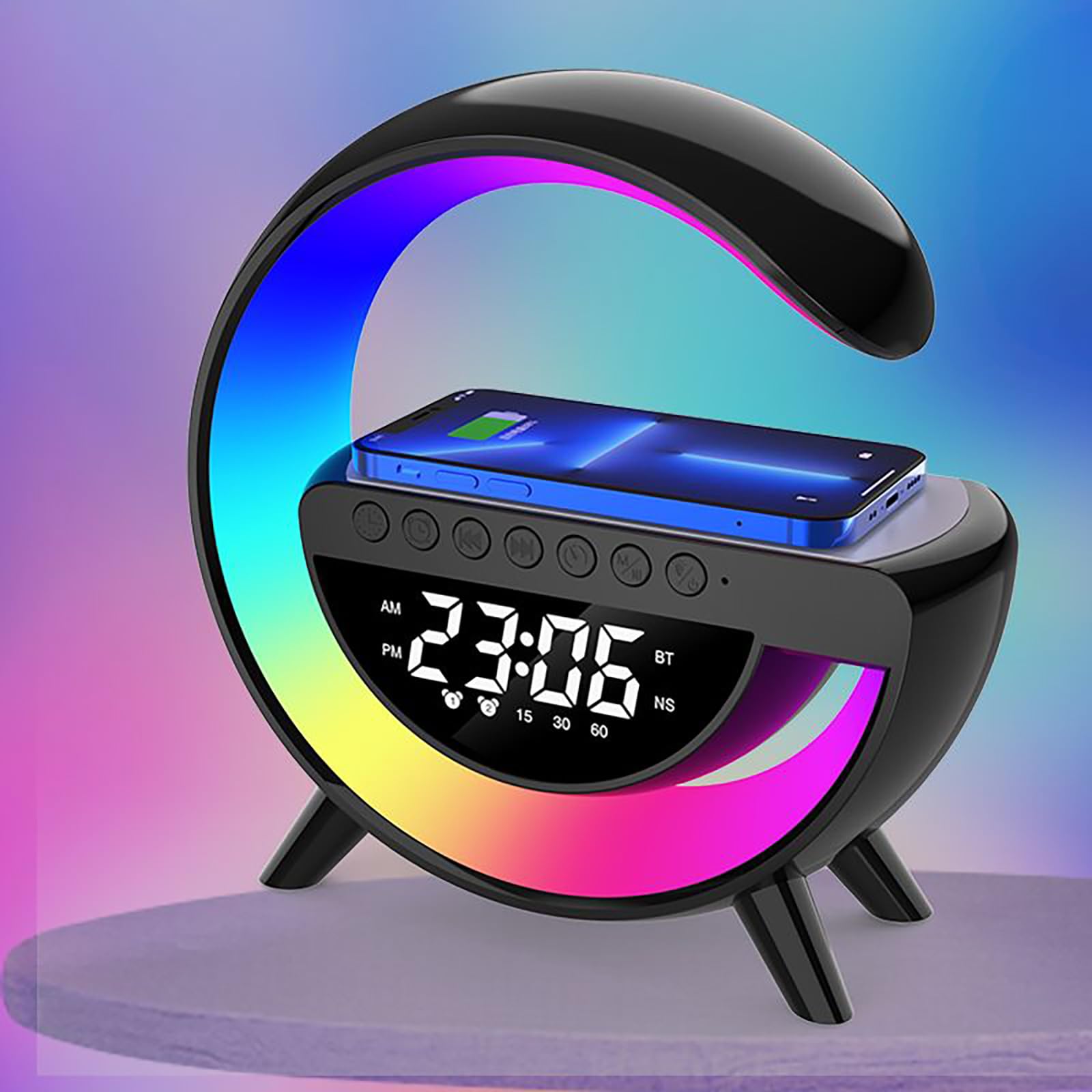 Wireless Charging Table Lamp with Bluetooth Speaker & Alarm Clock - LED Bedside Desk Lamp Night Light for Heavy Sleepers, Superfine Bedroom Home Decor (Black) | Perfect for Bedrooms, Offices, and Nightstands