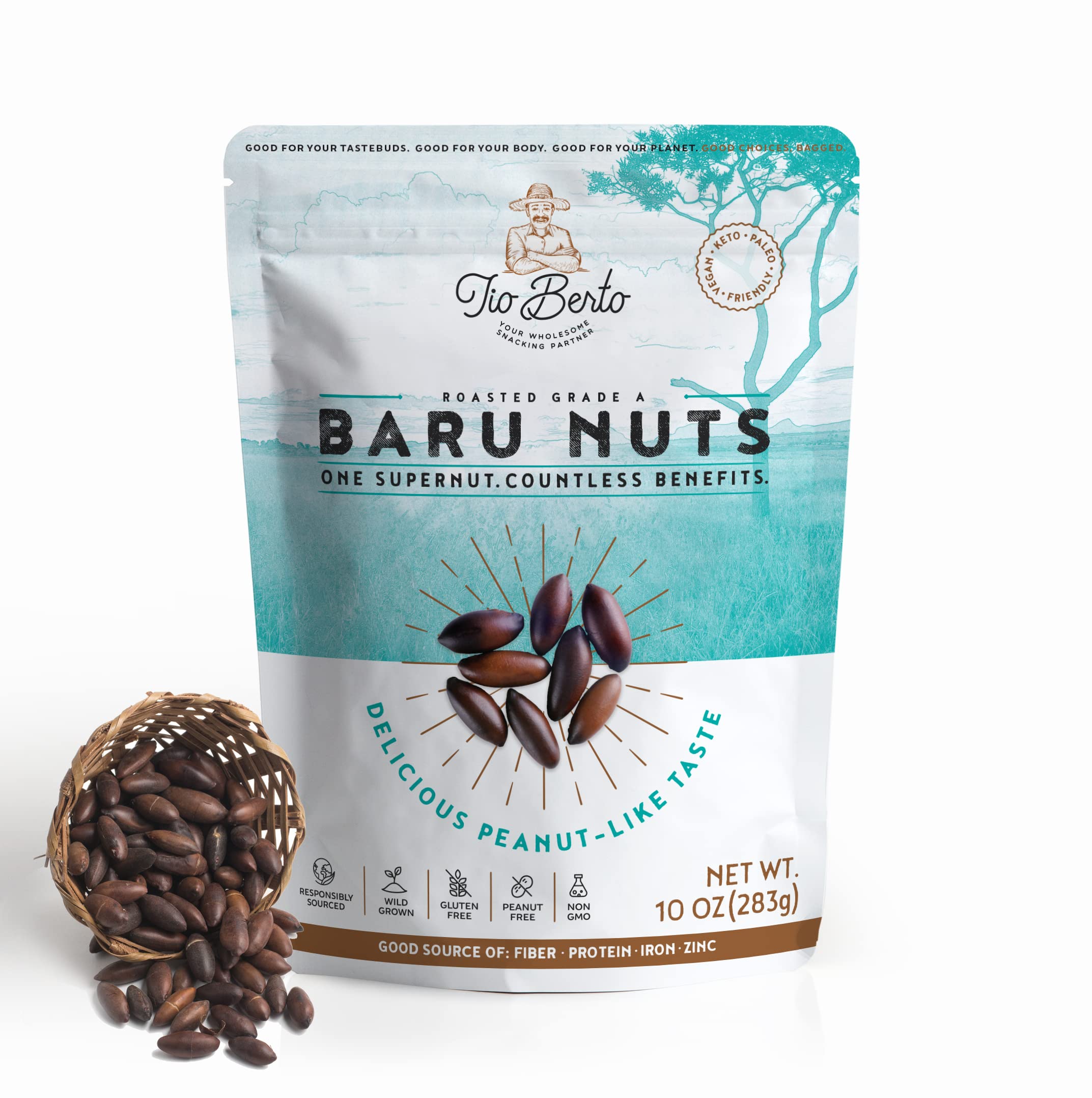Organic Baru Nuts Roasted - 10oz Resealable Bag | Crunchy, Delicious & Healthy Superfood Snack | Vegan, Gluten-Free, Keto & Peanut-Free | High Protein Wild Nuts by Tio Berto | Perfect for Trail Mix, Salads & Healthy On-the-Go Snacking