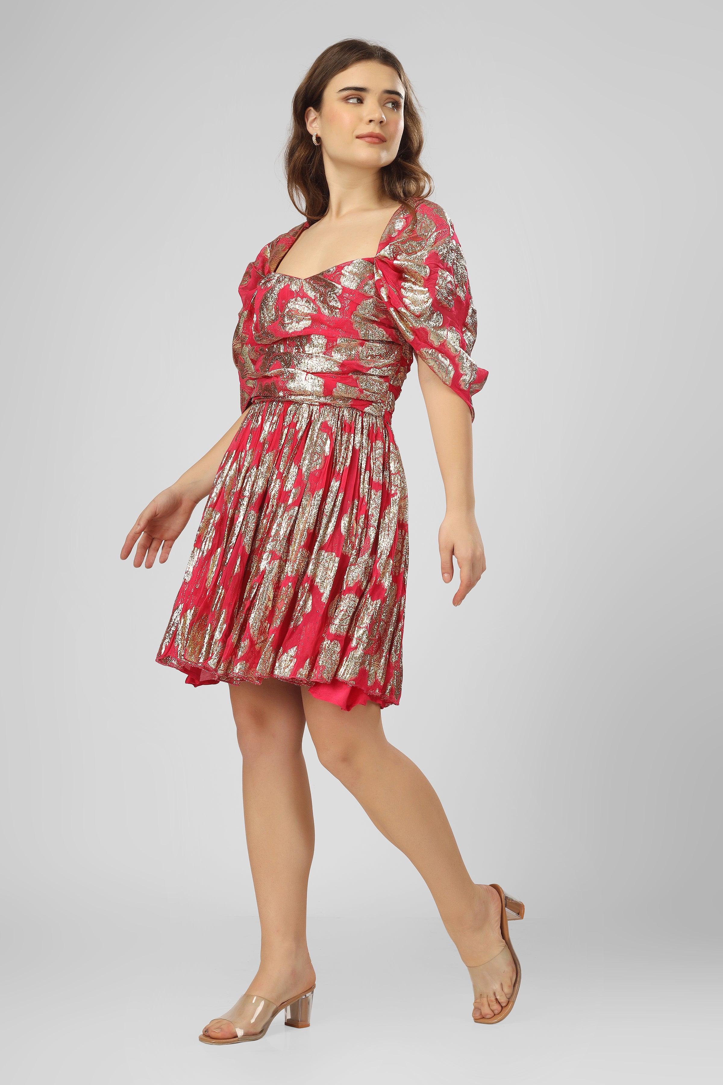 Stylish Sydney Metallic Printed Mini Dress in Fuchsia Pink - Perfect for Parties, Night Out & Special Occasions