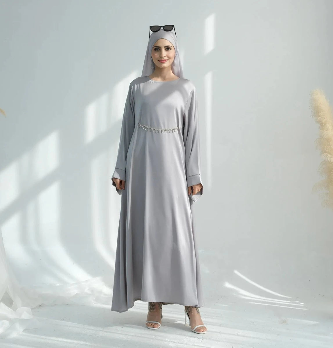 Elegant Crystal Belt Satin Abaya Dress with Matching Hijab - Modest Islamic Prayer Dress for Women - Perfect for Eid, Wedding & Special Occasions