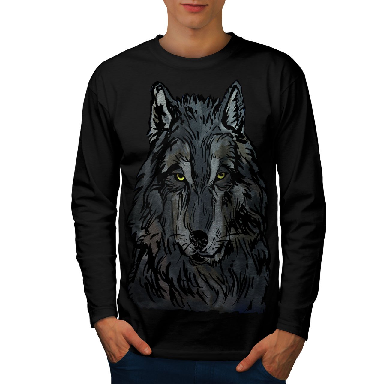 Wellcoda Men's Long Sleeve Graphic T-Shirt - Vintage Wolf Beast Eye Design, Soft Cotton Tee for Casual Wear, Street Style & Outdoor Adventures
