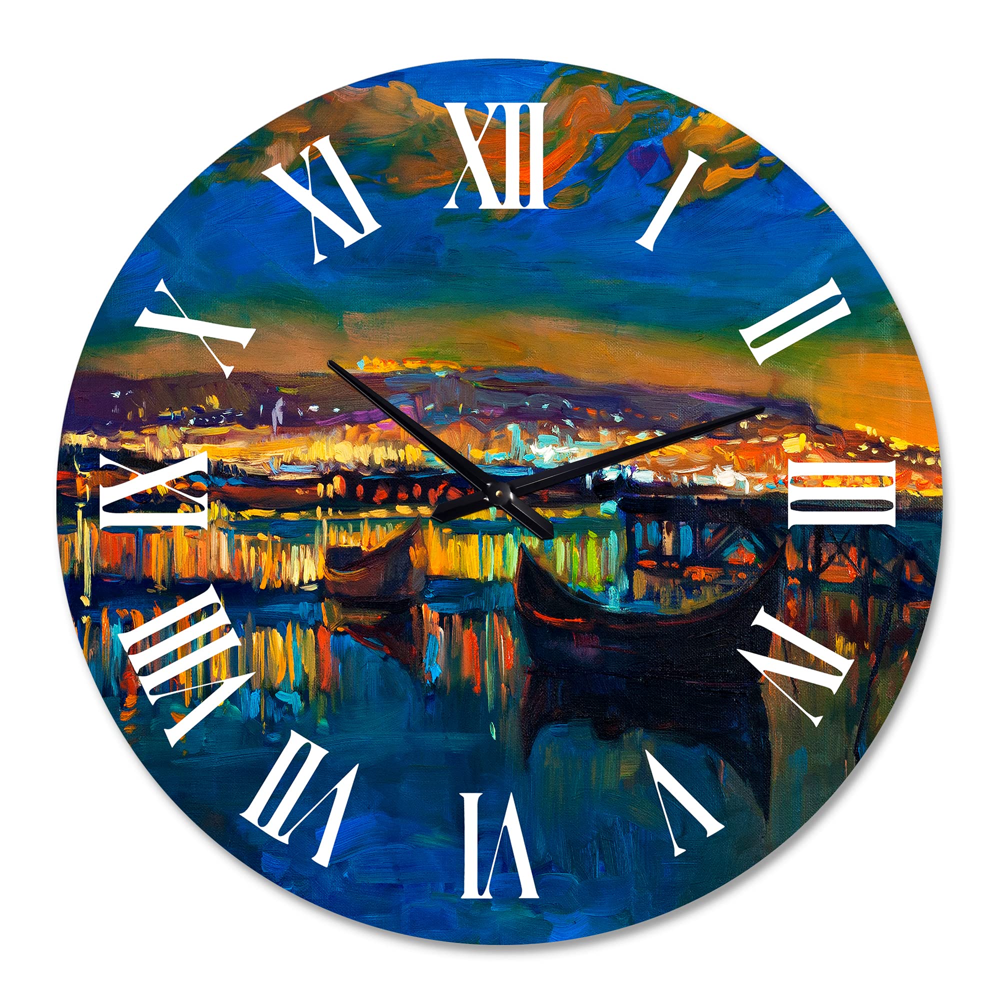 DesignQ Nautical & Coastal Wall Clock - 'Two Little Boats in The Village Harbor' Blue Round Clock for Living Room, Bedroom & Office Decor | Perfect for Beach House, Coastal Theme & Home Interior Design