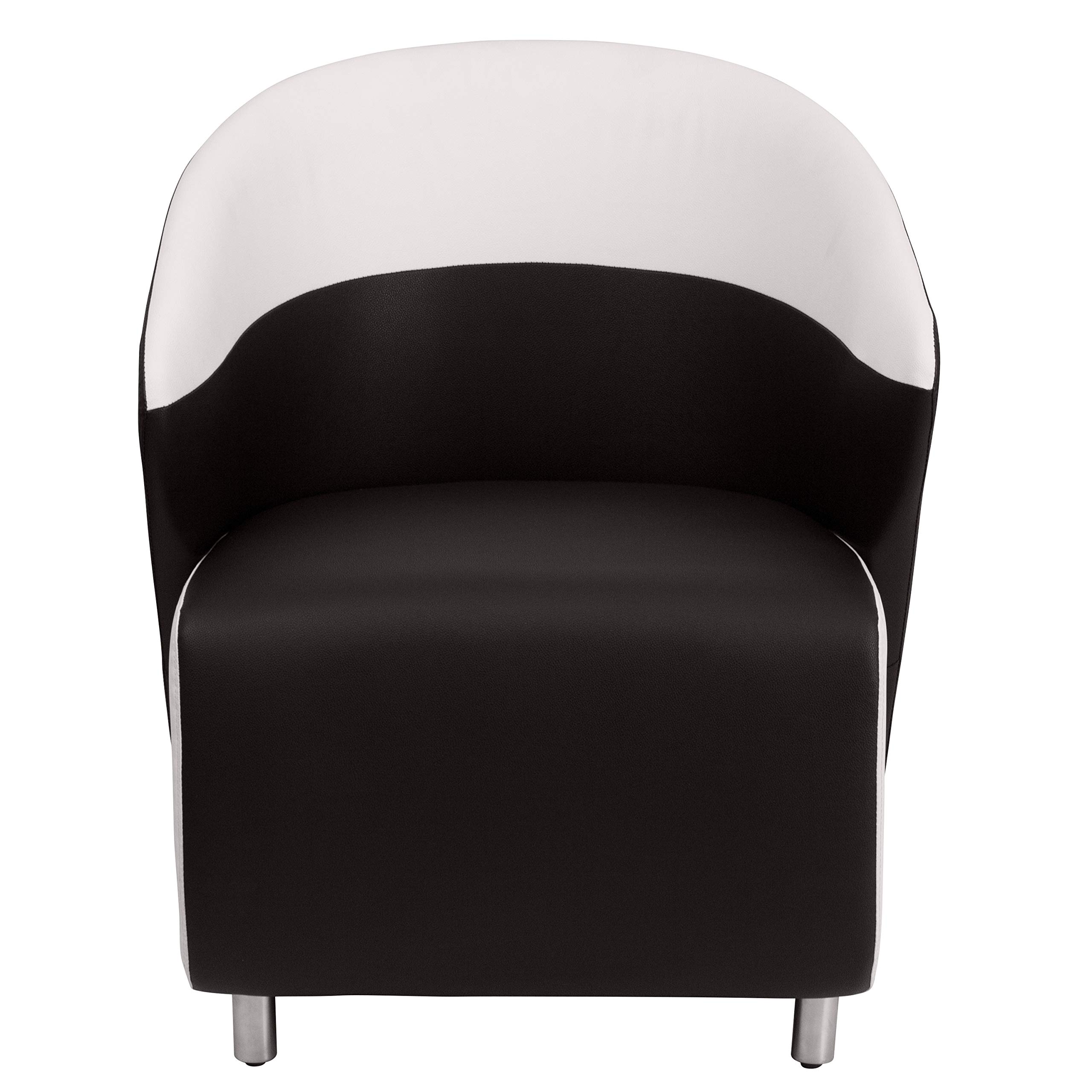 Flash Furniture Pasithea Black LeatherSoft Curved Barrel Back Lounge Chair with Melrose White Detailing - Modern Office Chair, Living Room Accent, Reading Nook Seating for Home & Office Decor