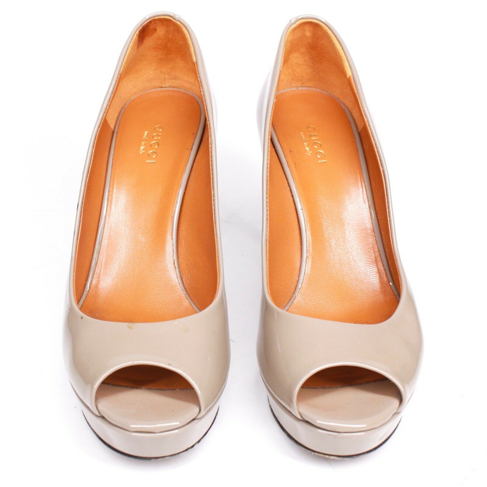 Gucci Fango Stiletto Heels - Taupe Patent Leather Peep Toe Pumps Women's Size 7 (US) / 37 (EU) - Elegant High Heels for Parties, Weddings & Evening Events