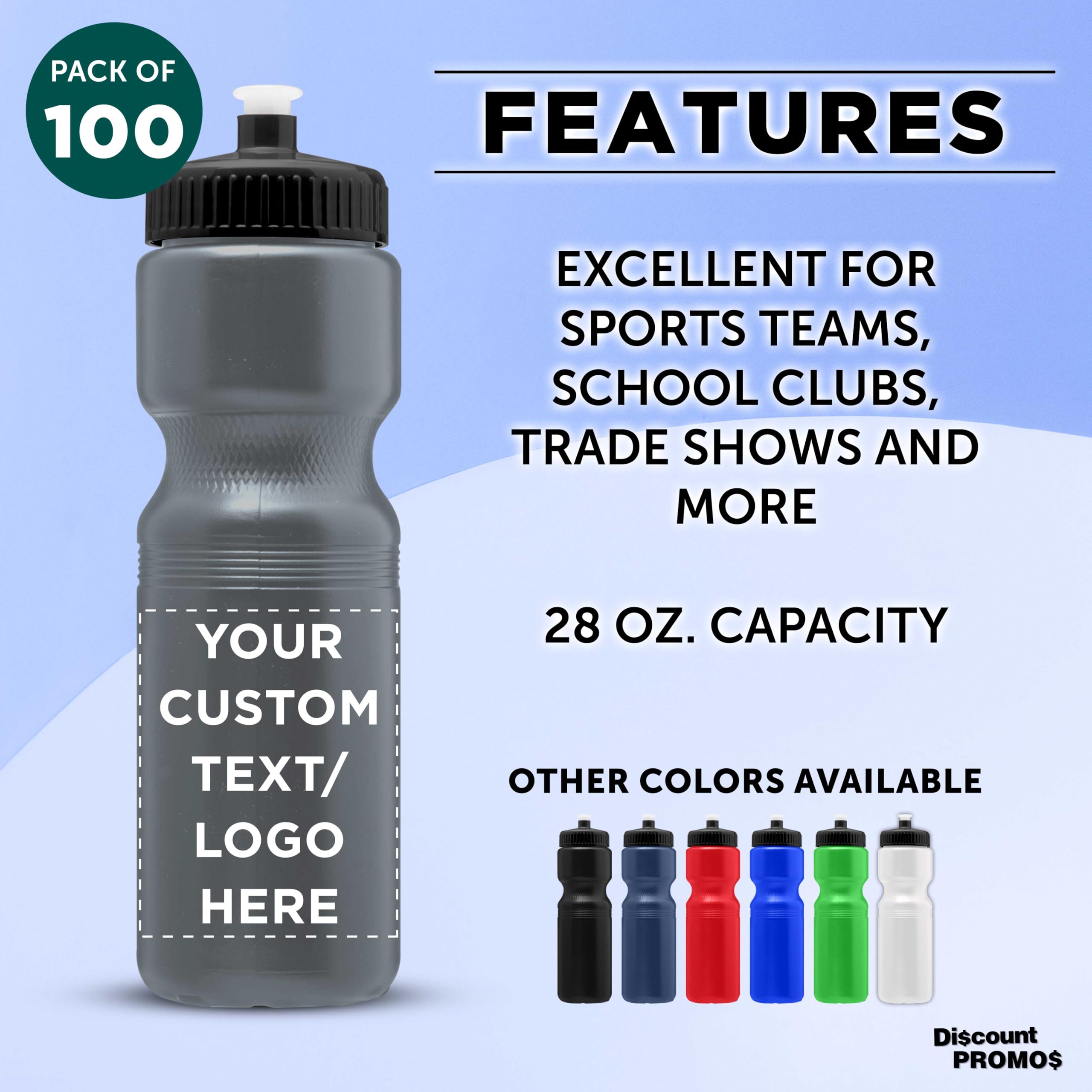 28 oz Custom Push Cap Plastic Water Bottles - Bulk Pack of 100 - Personalized Water Bottles for Gym, Hiking, Camping & Outdoor Sports - Durable & Reusable - Ideal for Team Events, Corporate Gifts & Promotional Giveaways - Silver