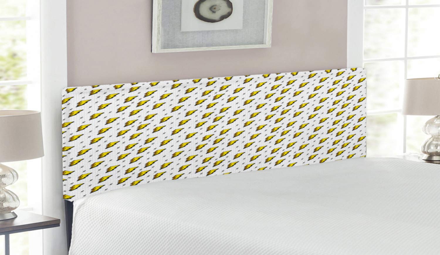 Ambesonne Vintage 80s Thunder Bolts Upholstered Metal Headboard - Queen Size Yellow Black White Abstract Design with Memory Foam for Bedroom Decor | Retro Home Decor Accent Piece for Modern & Bohemian Bedrooms