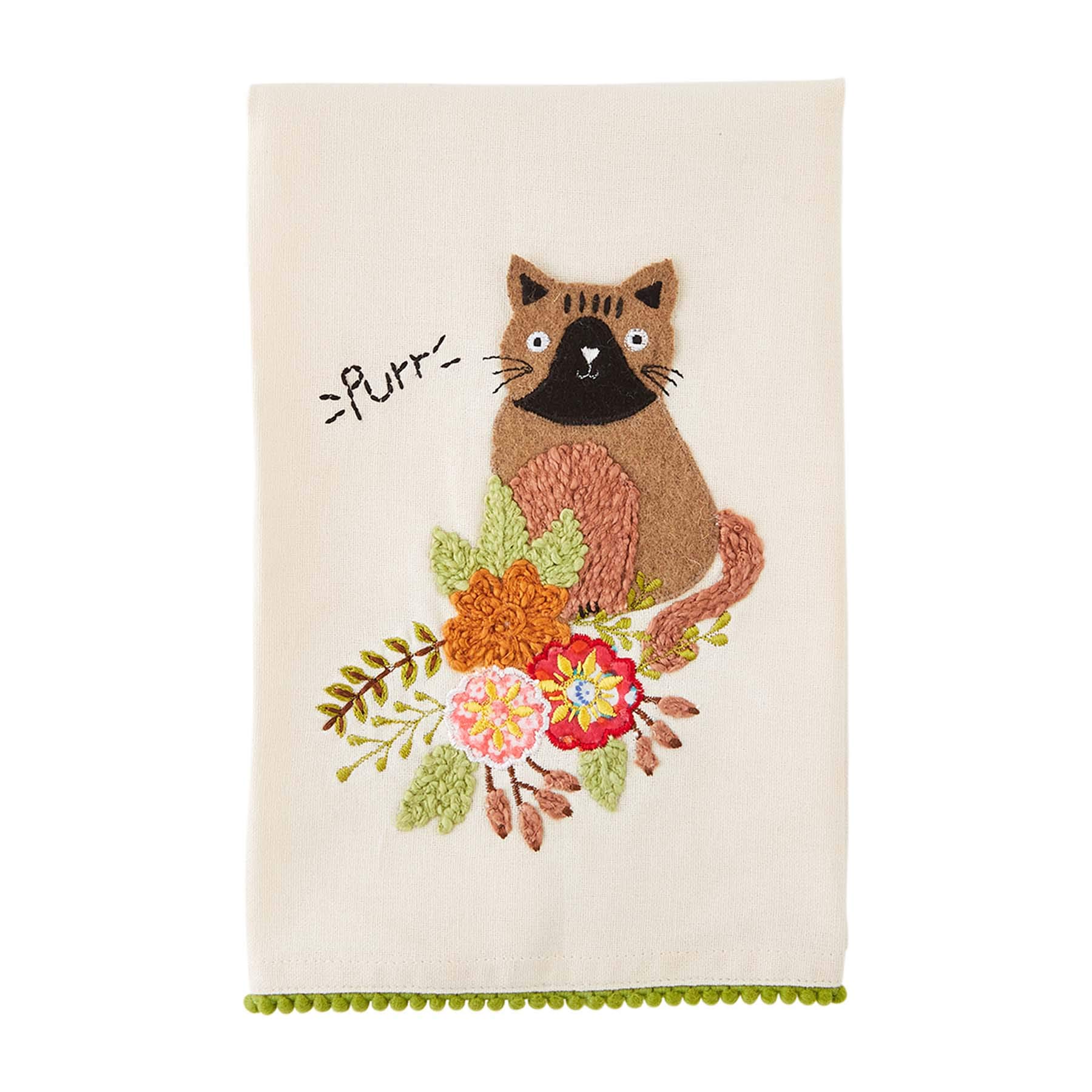 Mud Pie Purr Embroidered Cotton Bath Towels - Soft and Absorbent Cat-Themed Kitchen & Bathroom Towels for Pet Lovers