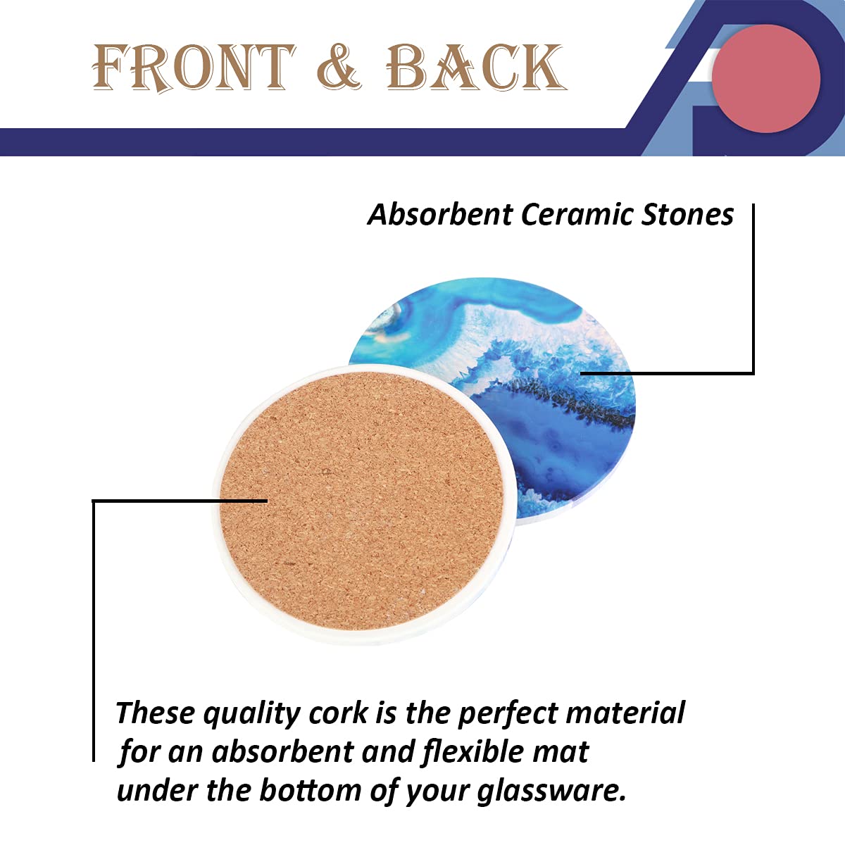 Round Absorbent Ceramic Stone Drink Coasters Set of 4 - Non-Slip Cork Base for Mugs, Cups & Table Protection - Lemon Design - Perfect for Coffee, Tea & Dining Table Decor