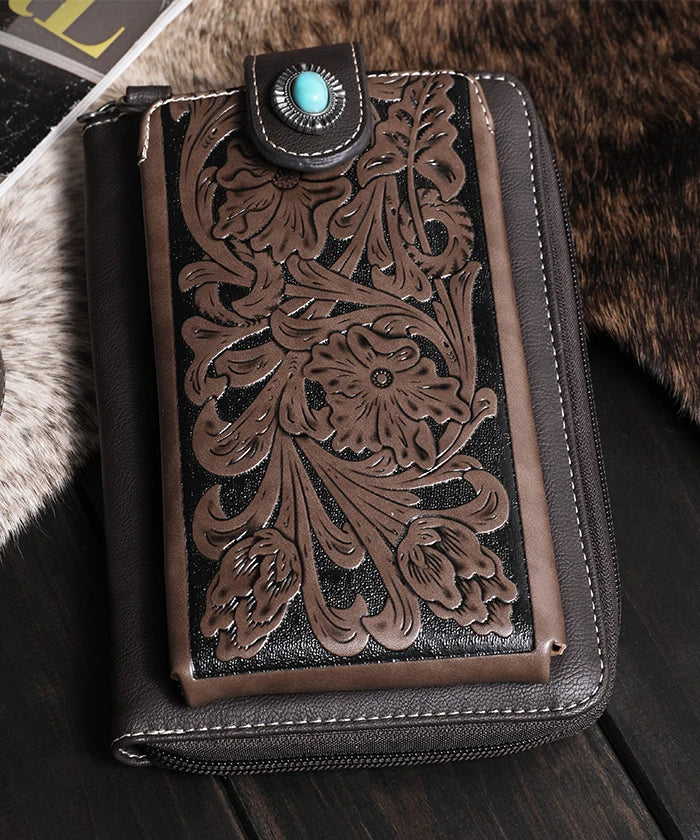 Montana West Genuine Leather Tooled Crossbody Phone Purse with Concho Detailing - Western Style Small Handbag for Women, Perfect for Concerts, Shopping & Travel