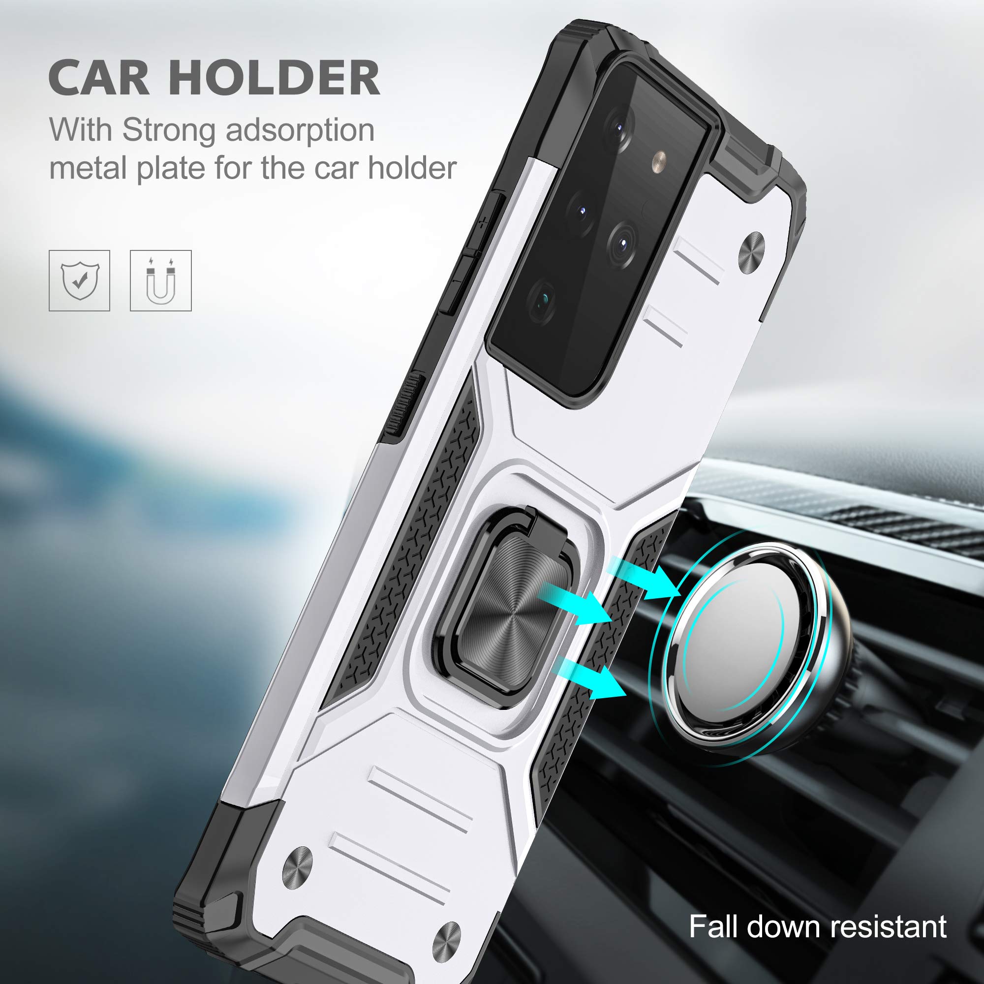 Military Grade Shockproof Case for Samsung Galaxy S21 5G - Ultra Slim Armor Ring Holder with Rotatable Kickstand | Durable TPU Bumper & Hard PC Protection (Silver) | Perfect for Outdoor Activities, Travel & Daily Use