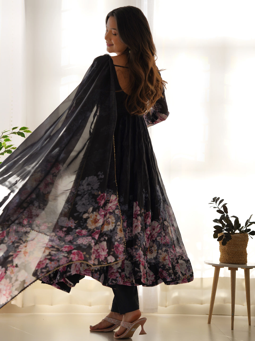 Black Heavy Pure Soft Organza Silk Printed Anarkali Dress with Micro Cotton Lining - Perfect for Weddings, Parties & Special Occasions