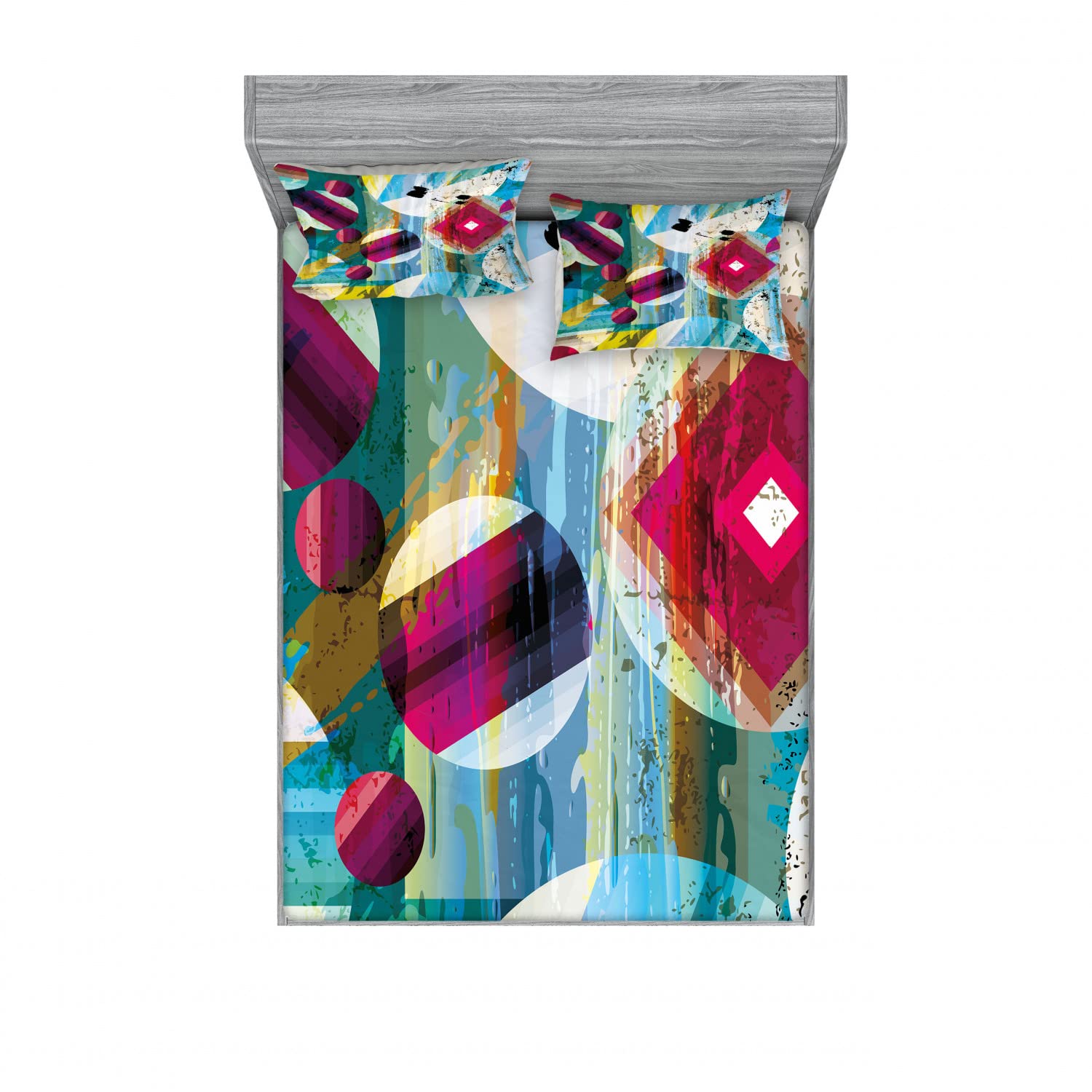 Ambesonne Abstract Art 2-Piece Queen Size Fitted Sheet Set with 4 Pillow Shams - Surreal Pattern Multicolor Bedding Decor for Modern Home & Guest Room