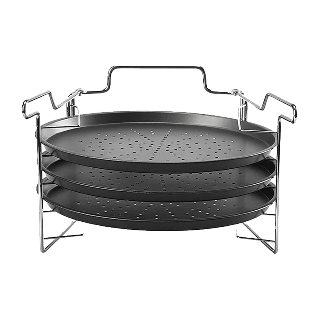 GANFANREN 12 Inch Carbon Steel Pizza Tray Set - 3 Nonstick Baking Pans & 1 Pizza Plate Holder - Professional Kitchen Baking Tools for Home, Restaurants & Parties